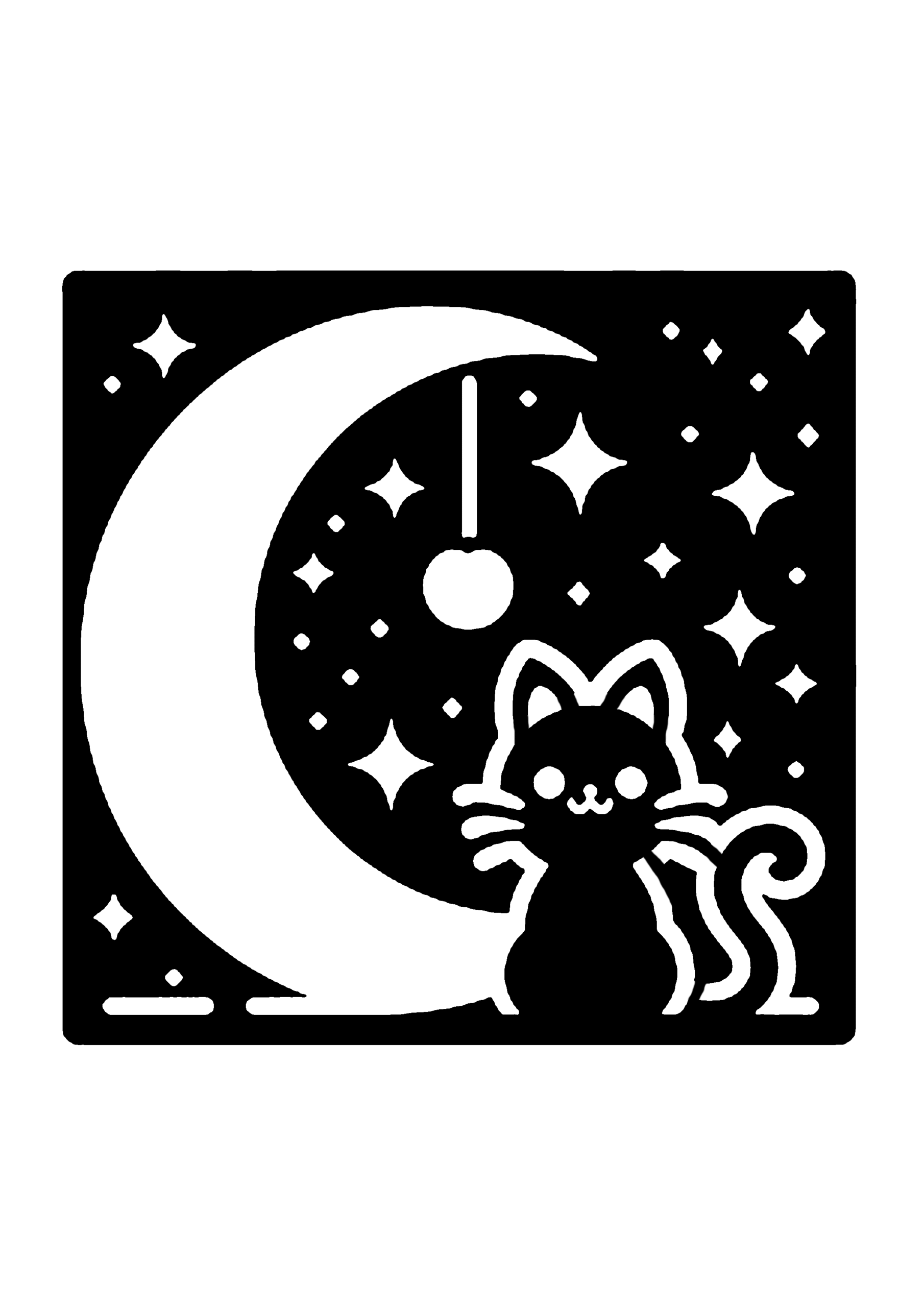 三日月と猫の切り絵図案No0079