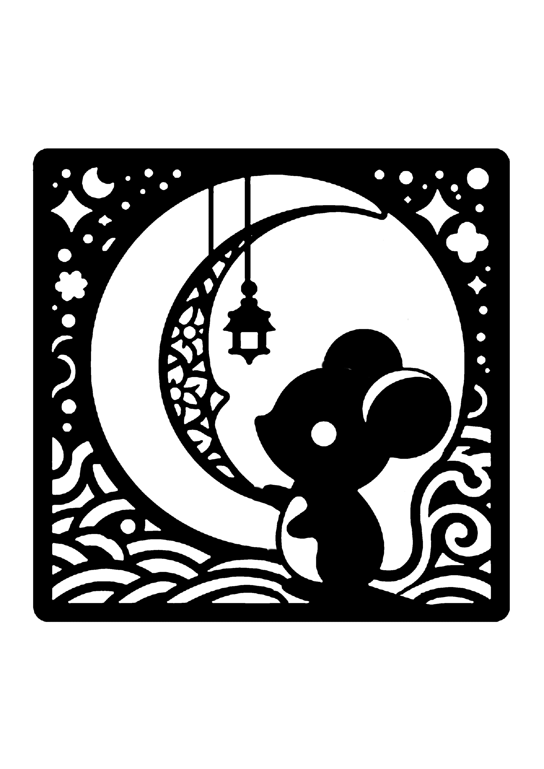 三日月とネズミの切り絵図案No0073