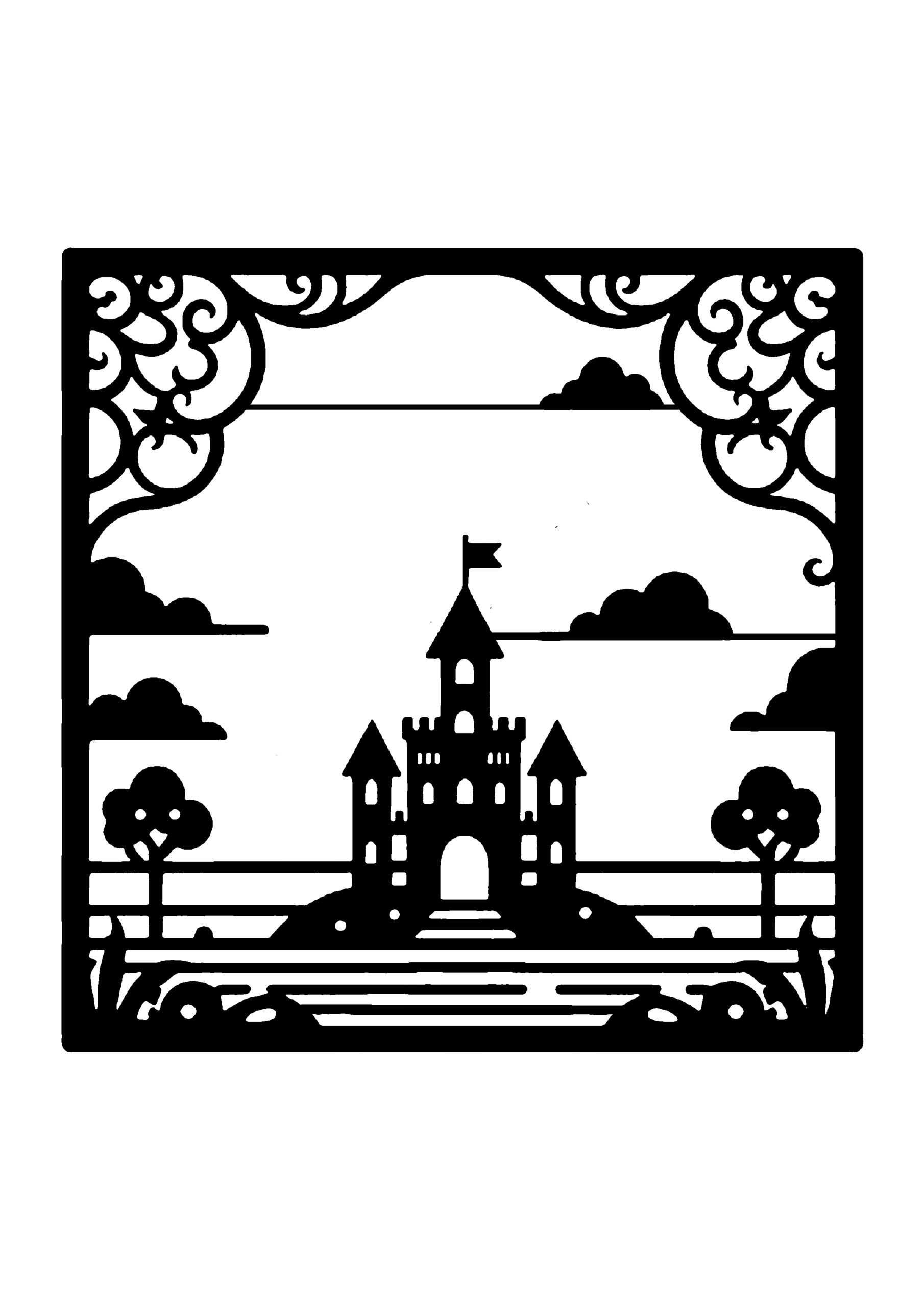 城の風景の切り絵図案No0044