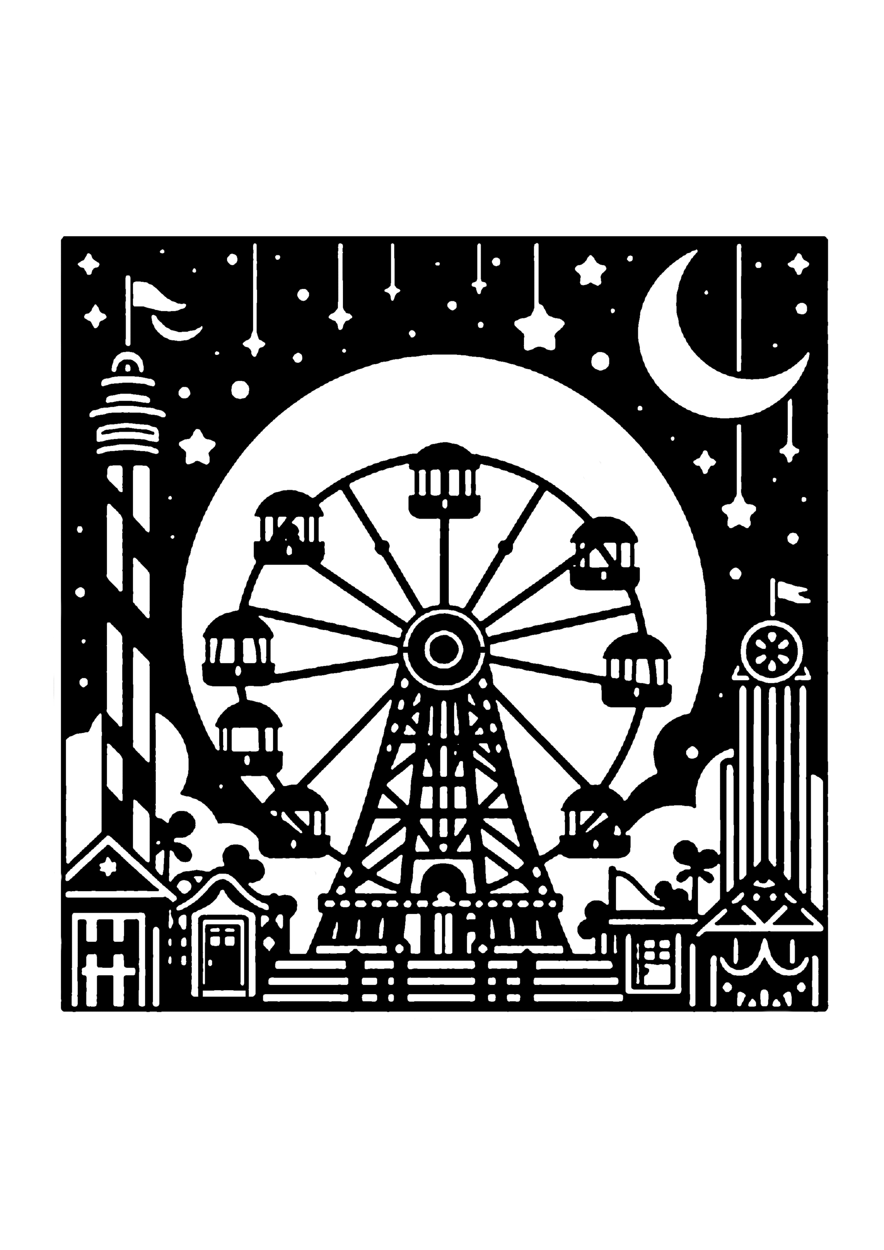 観覧車の風景の切り絵図案No0050