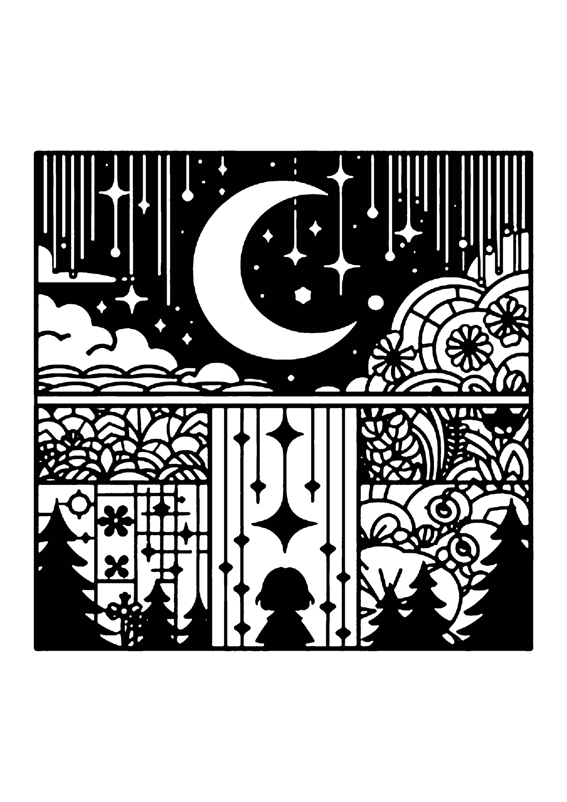 三日月と森の少女の切り絵図案No0048