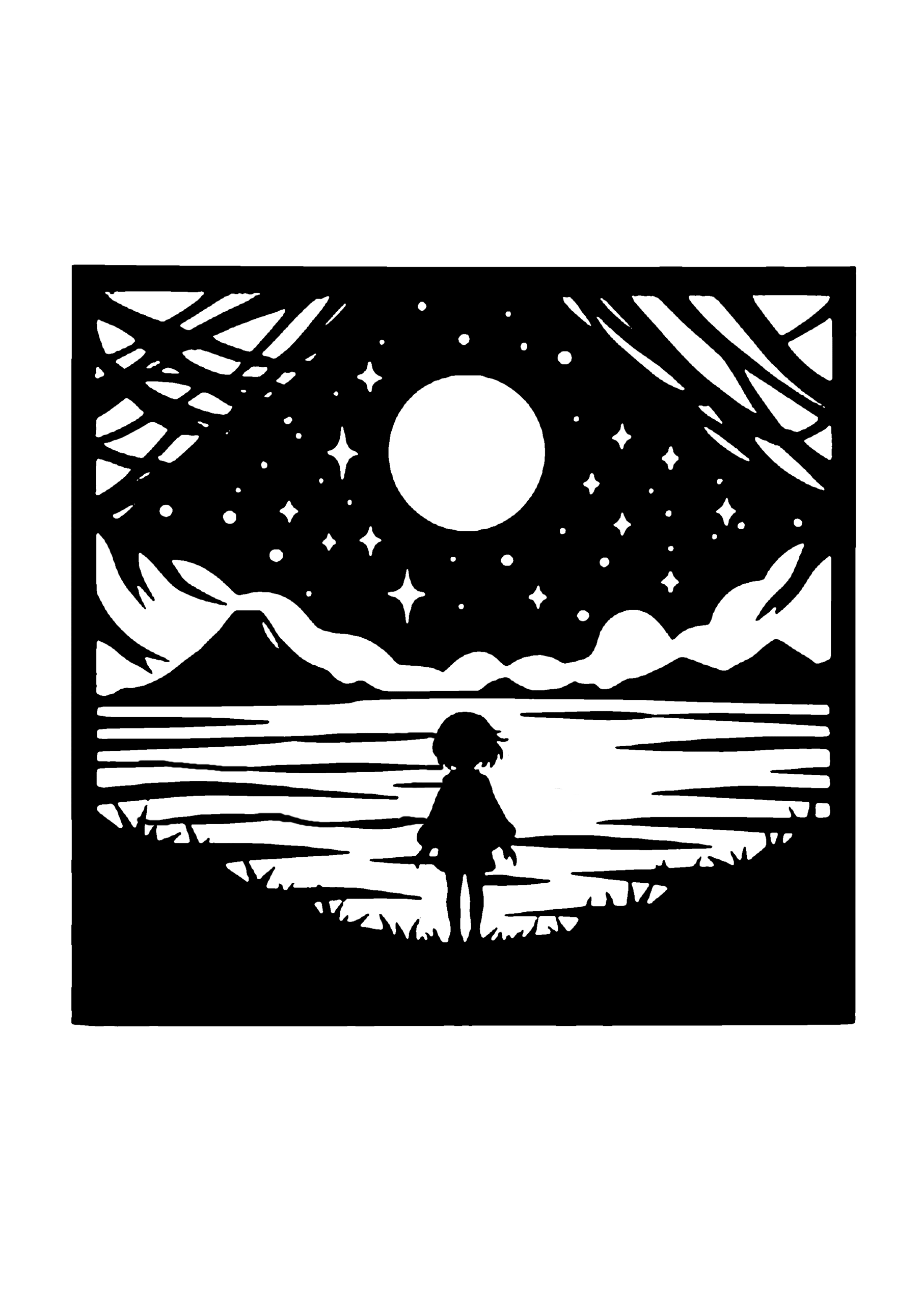 湖の風景の切り絵図案No0088