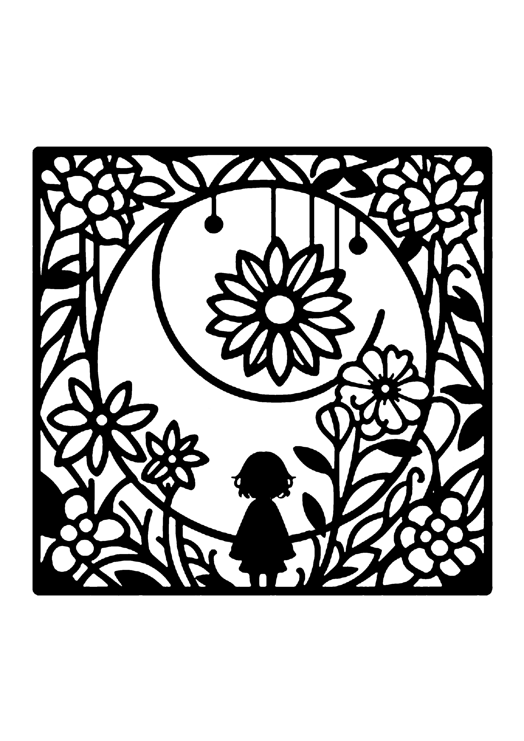 花と少女の切り絵図案No0055