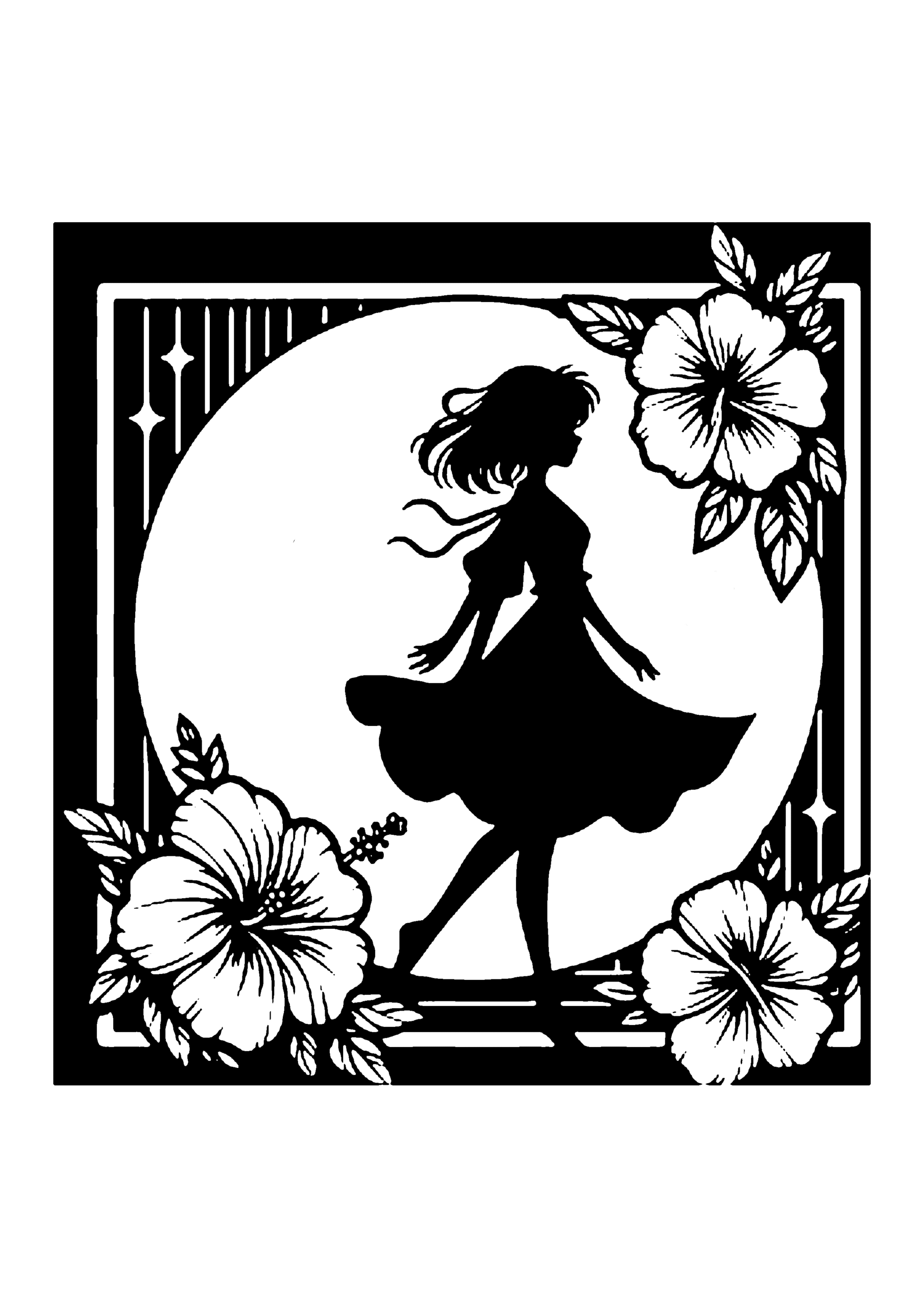 花と少女の切り絵図案No0089