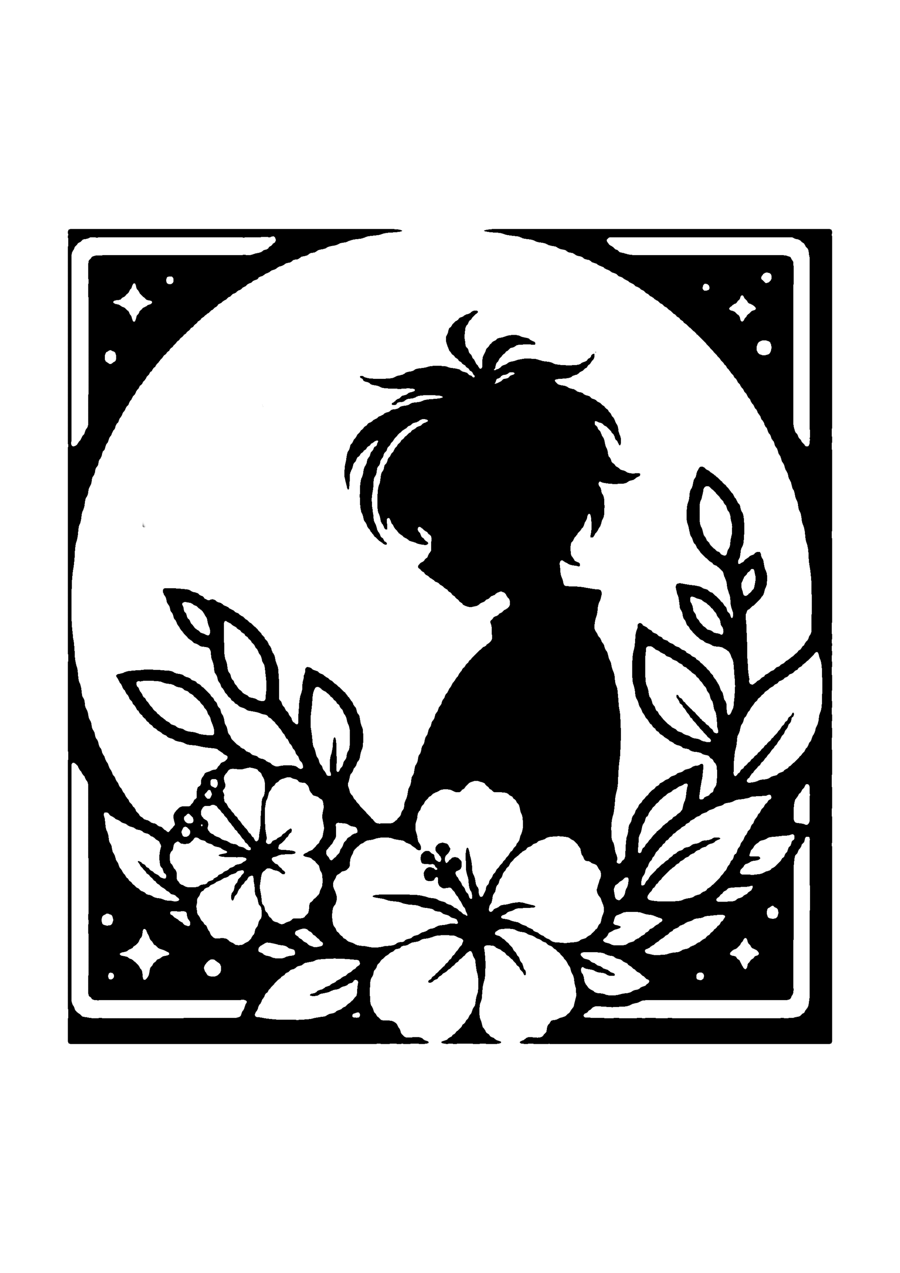 花と少年の切り絵図案No0090