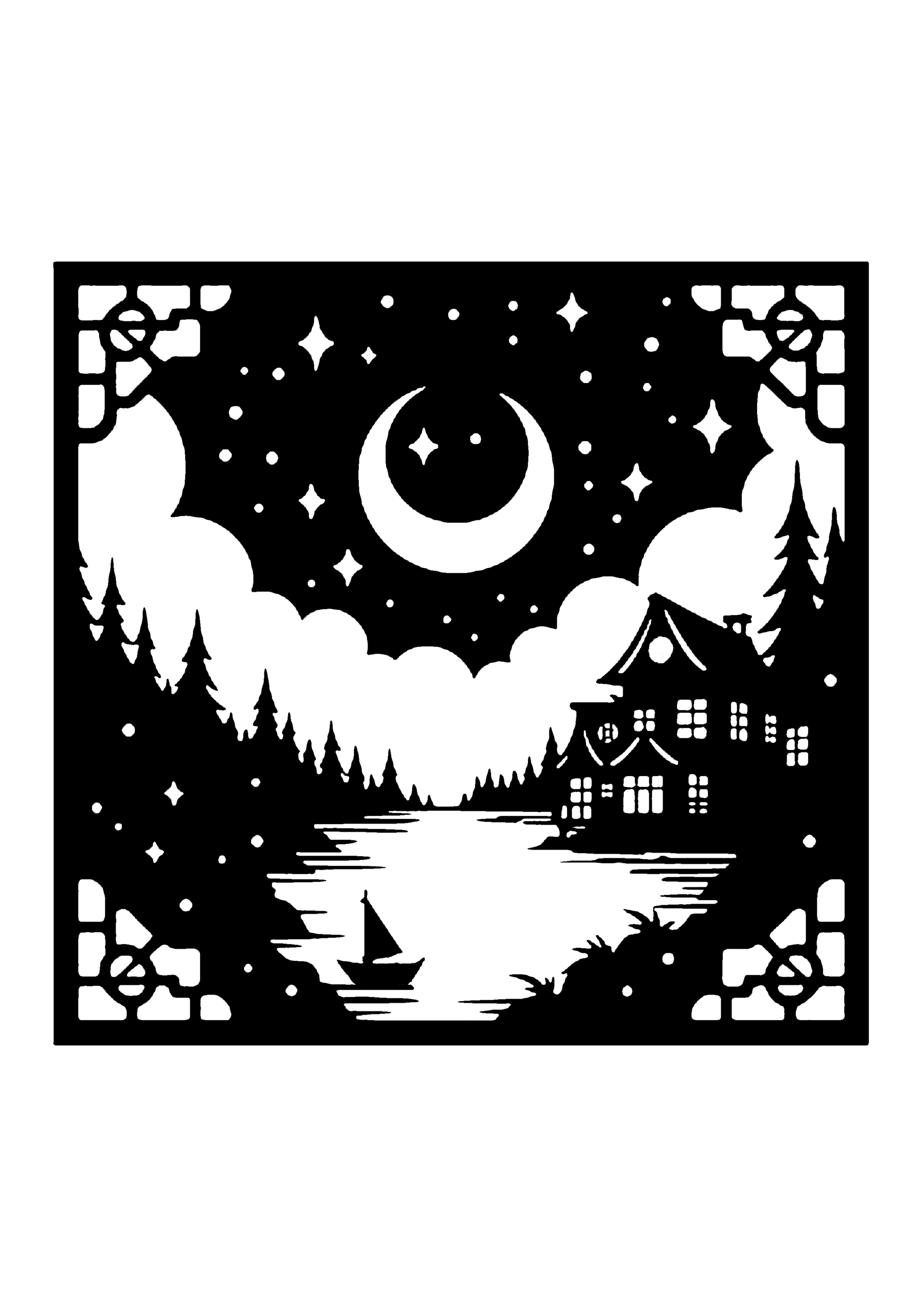 湖の風景の切り絵図案(無料・初心者向け)0120