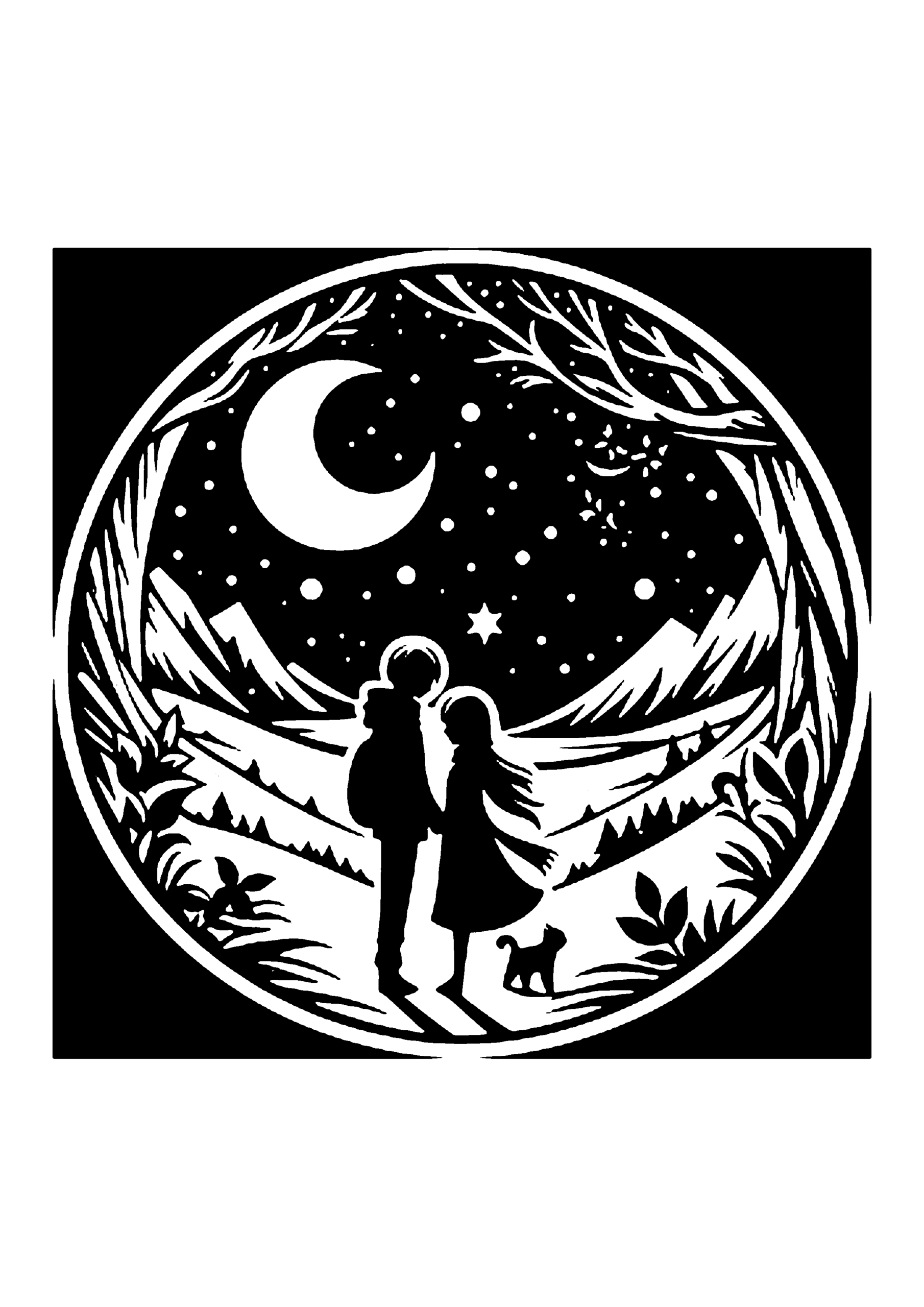 三日月の夜にたたずむ男女の切り絵図案（無料・初心者・中級者向け）0099