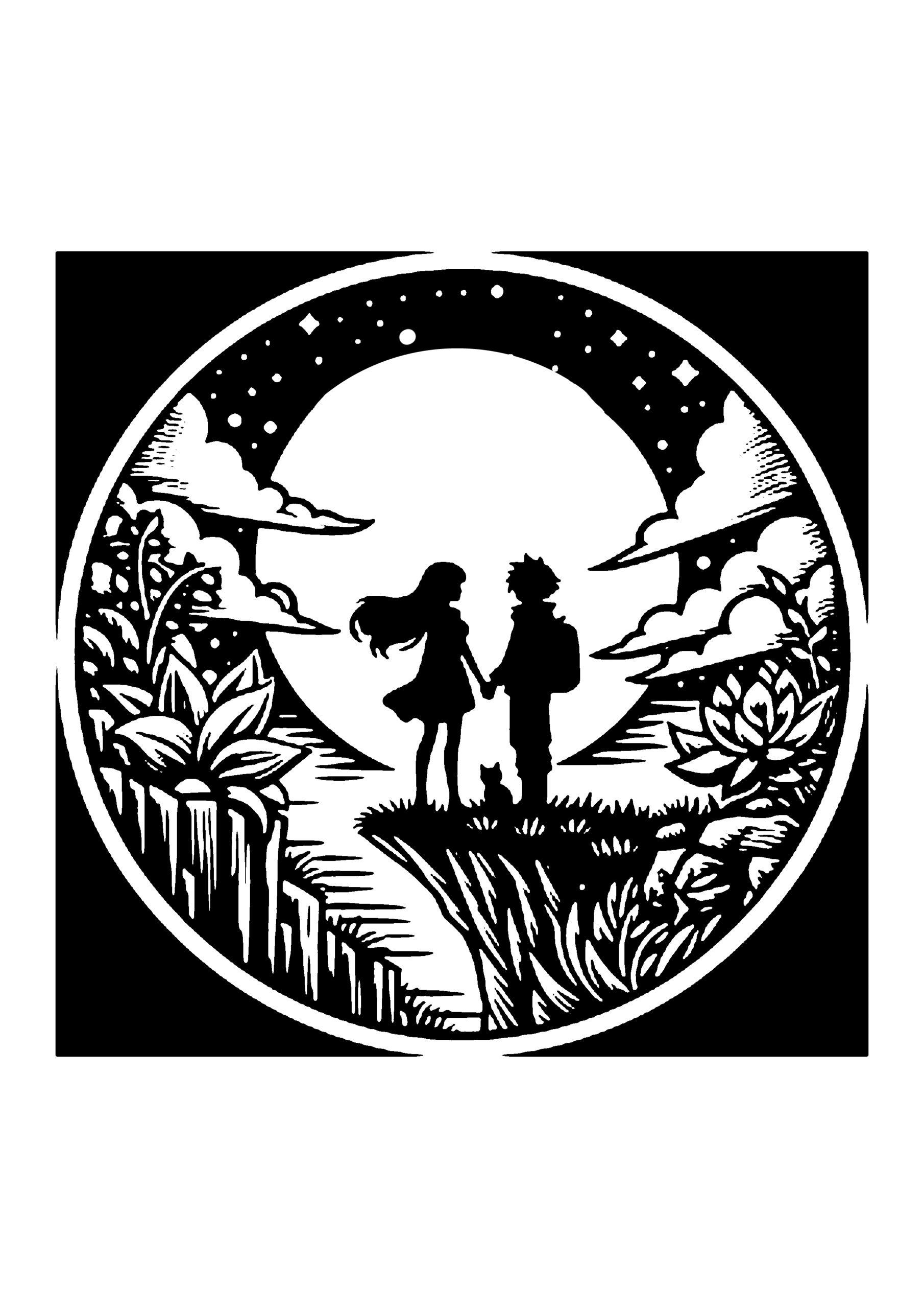 月を背景に、草花のある崖の上に立つ男女と猫を描いた切り絵図案0139