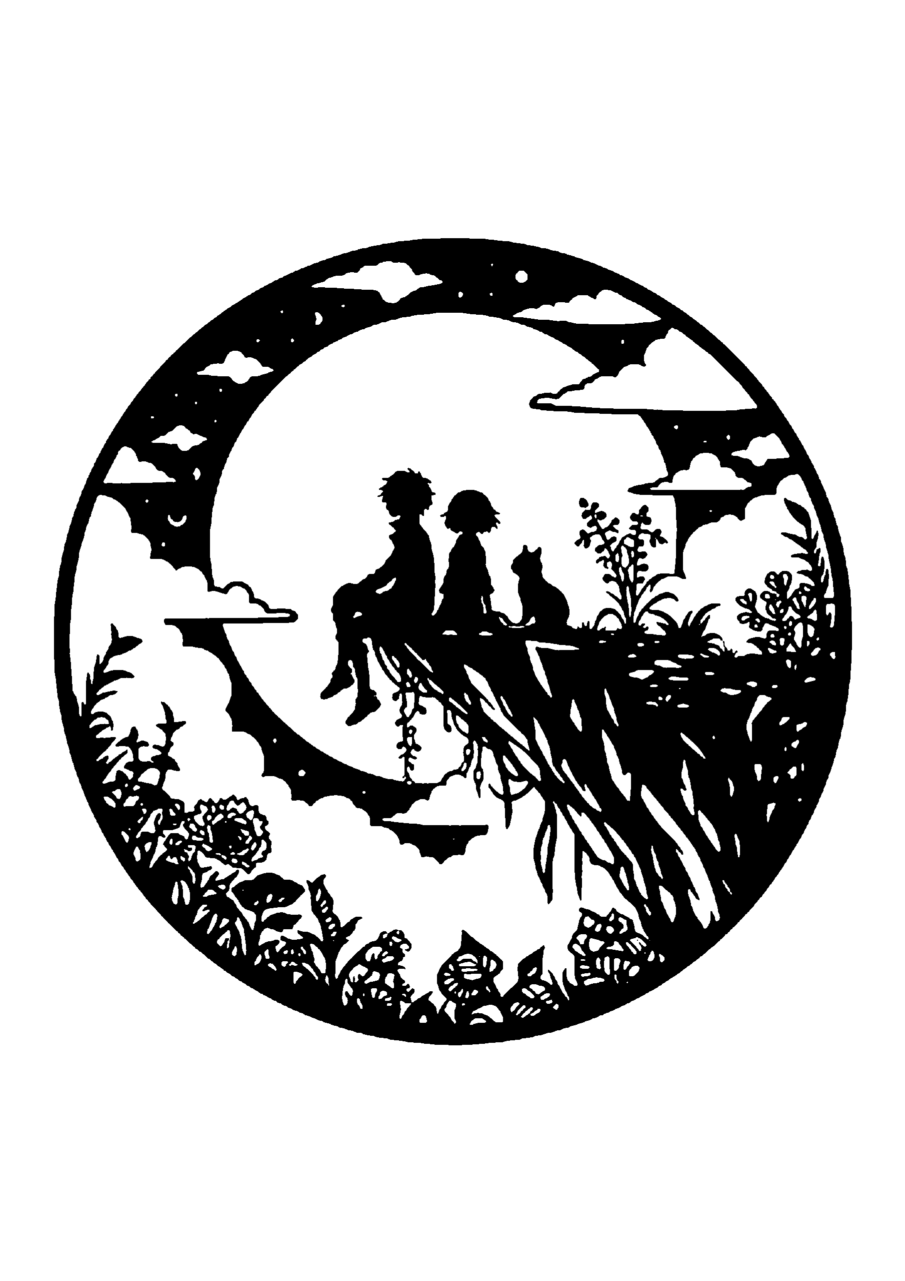 月を背景に、草花のある崖の上に座る男女と猫を描いた切り絵図案0140