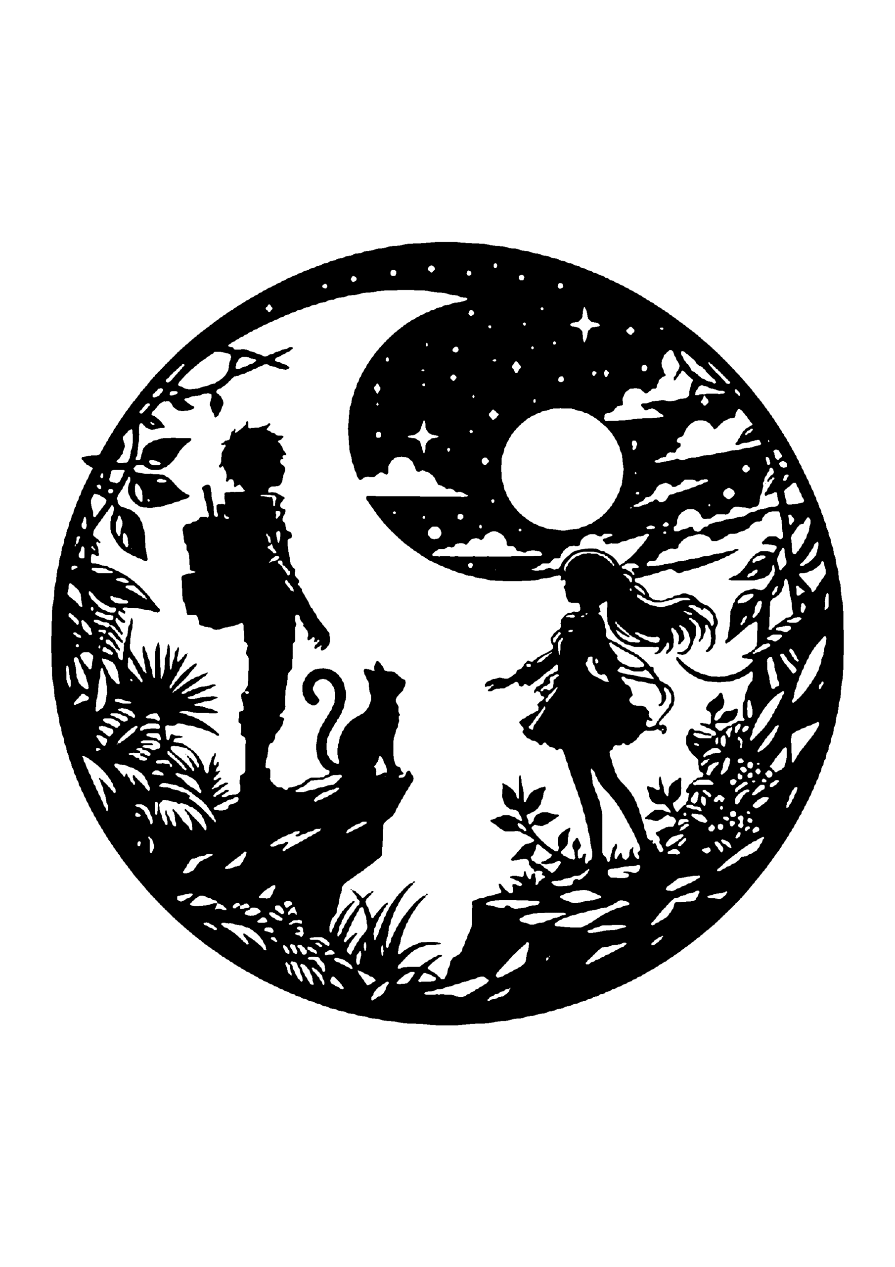 月を背景に、草花のある崖の上で向かい合う男女と猫を描いた切り絵図案0141