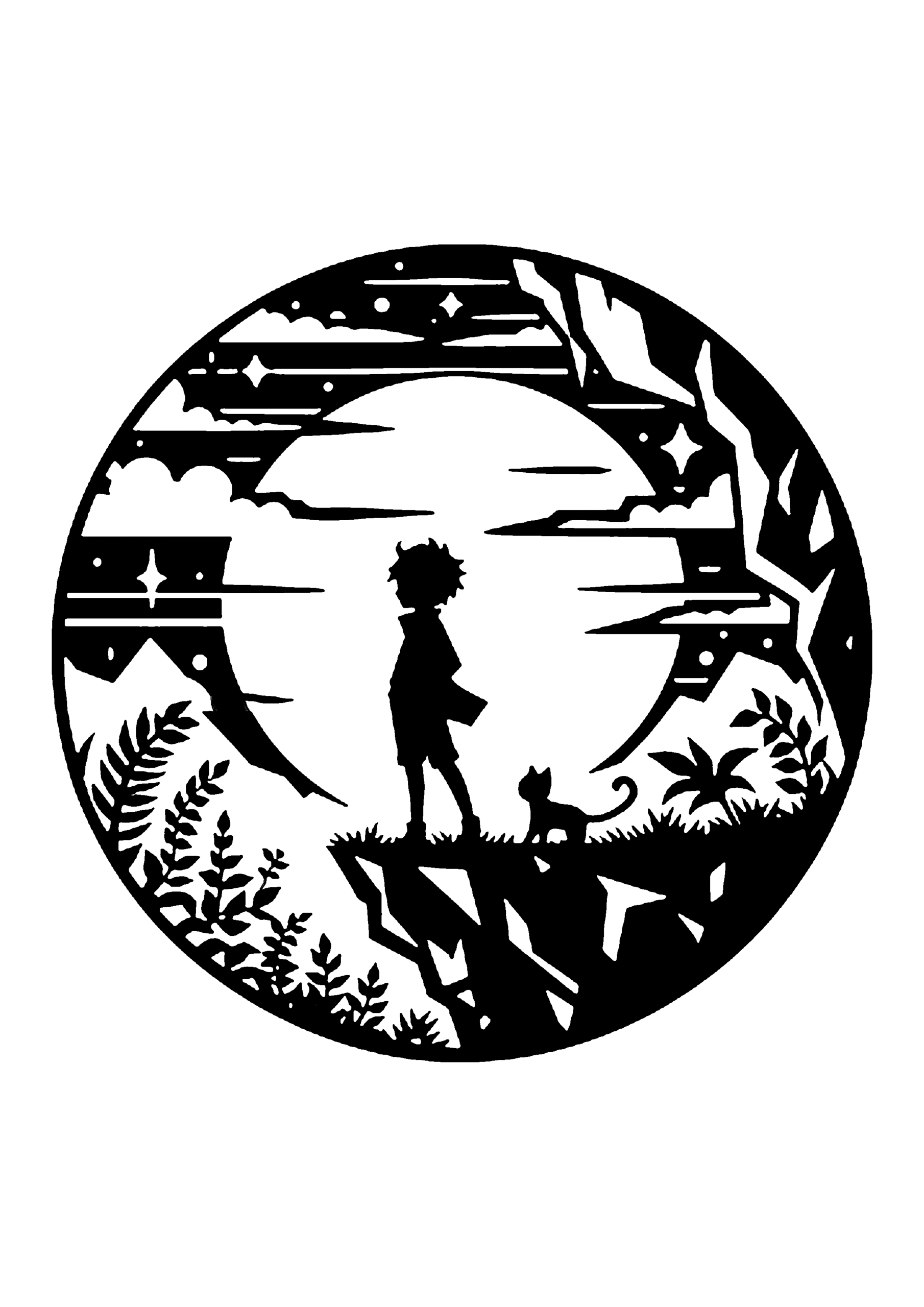 月を背景に、草花のある崖の上に立つ男の子と猫を描いた切り絵図案0142