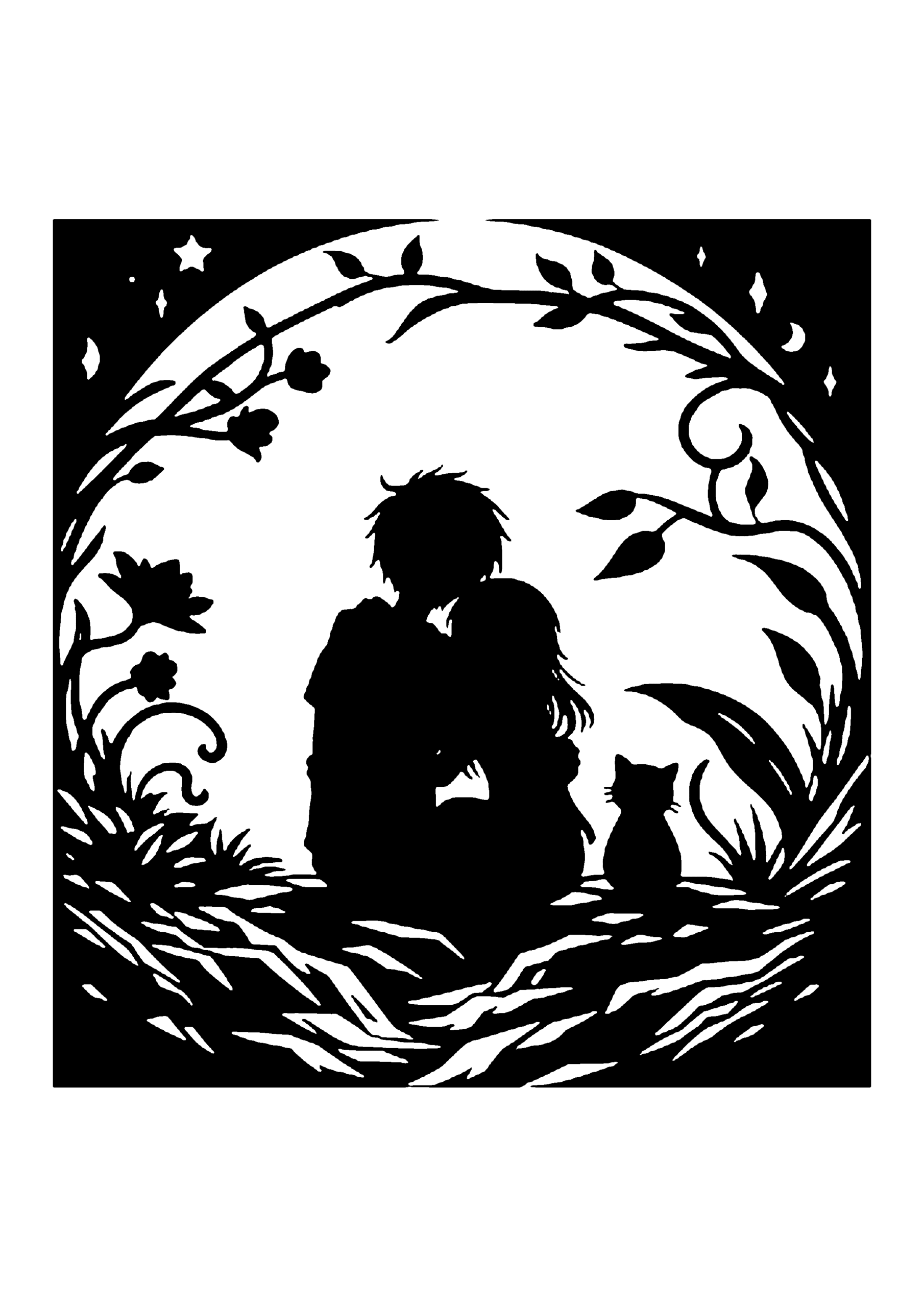 月を背景に、草花のある岩の上に座る男女と猫を描いた切り絵図案0143