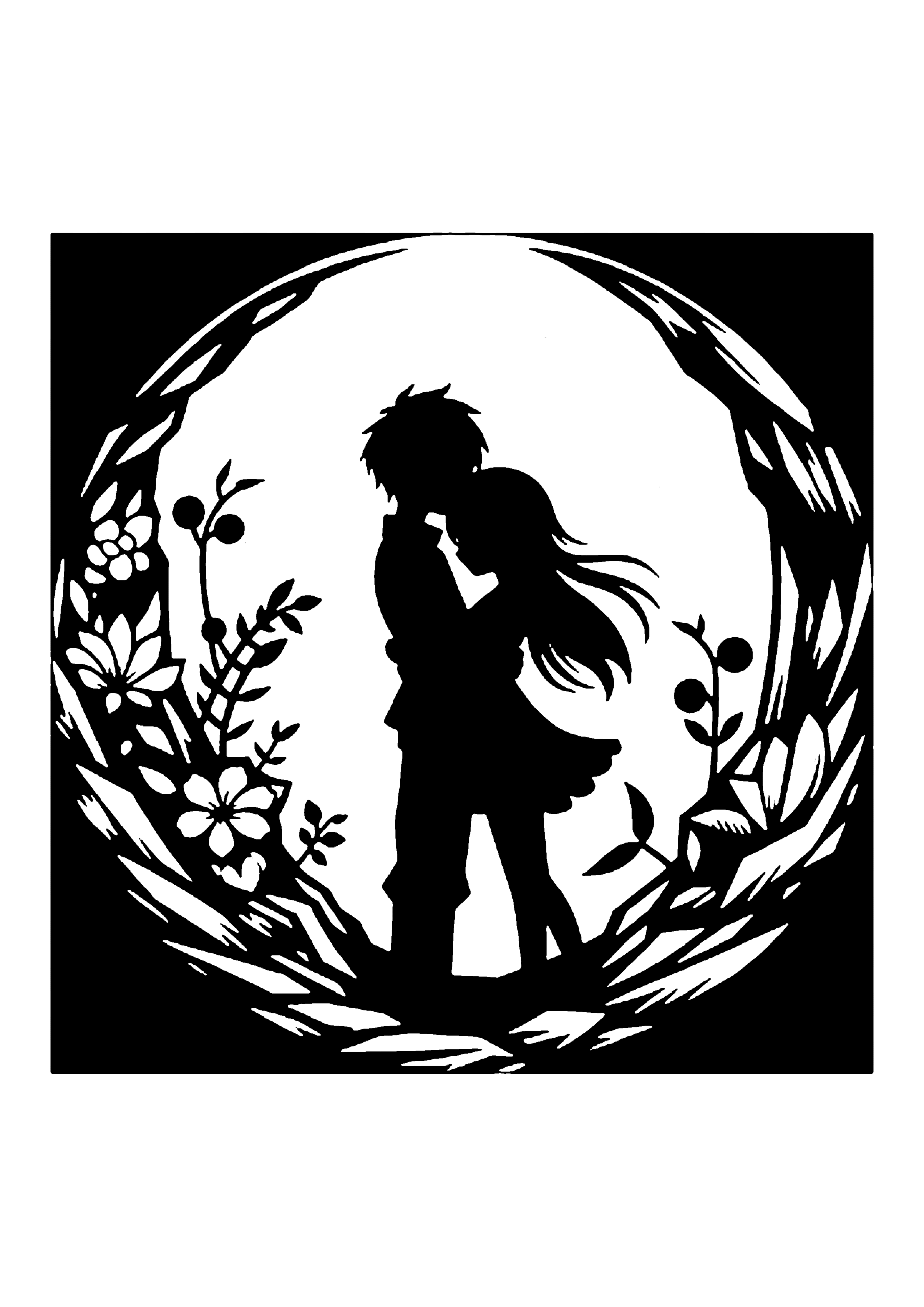 月を背景に、草花のある崖の上で抱き合う男女を描いた切り絵図案0144