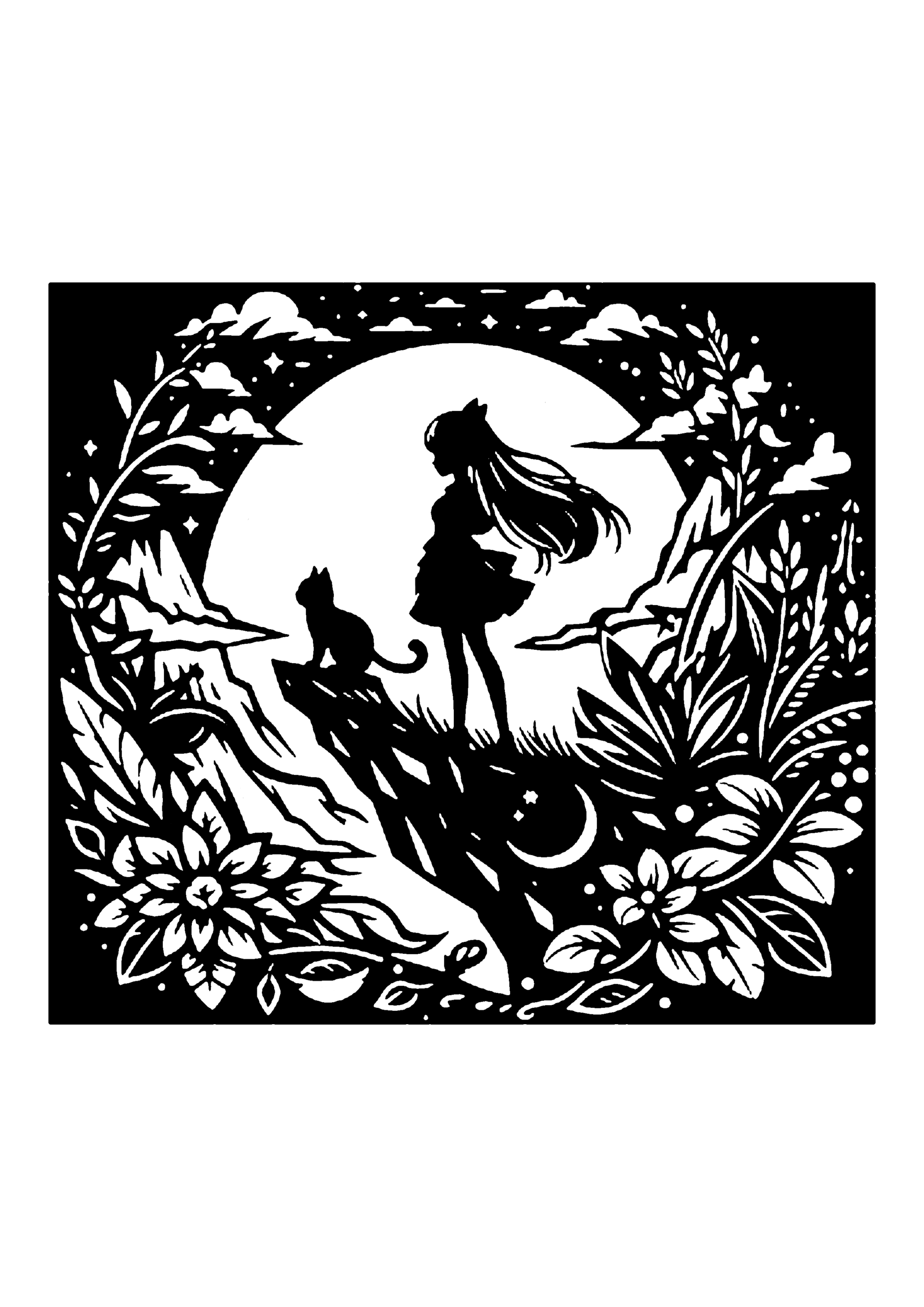 月を背景に、草花のある崖の上に立つ女の子と猫を描いた切り絵図案0145