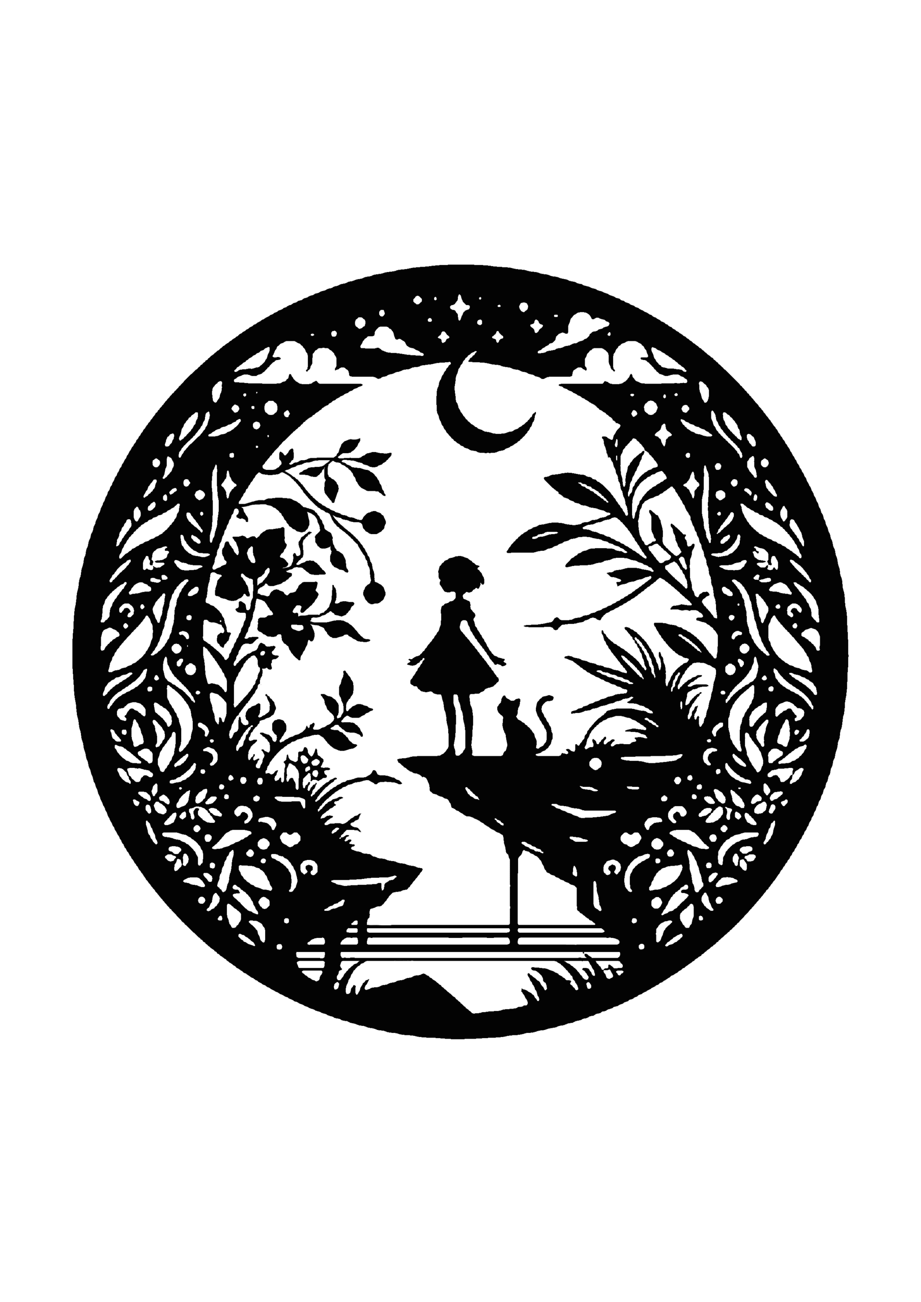 月を背景に、草花のある崖の上に立つ女の子と猫を描いた切り絵図案0146