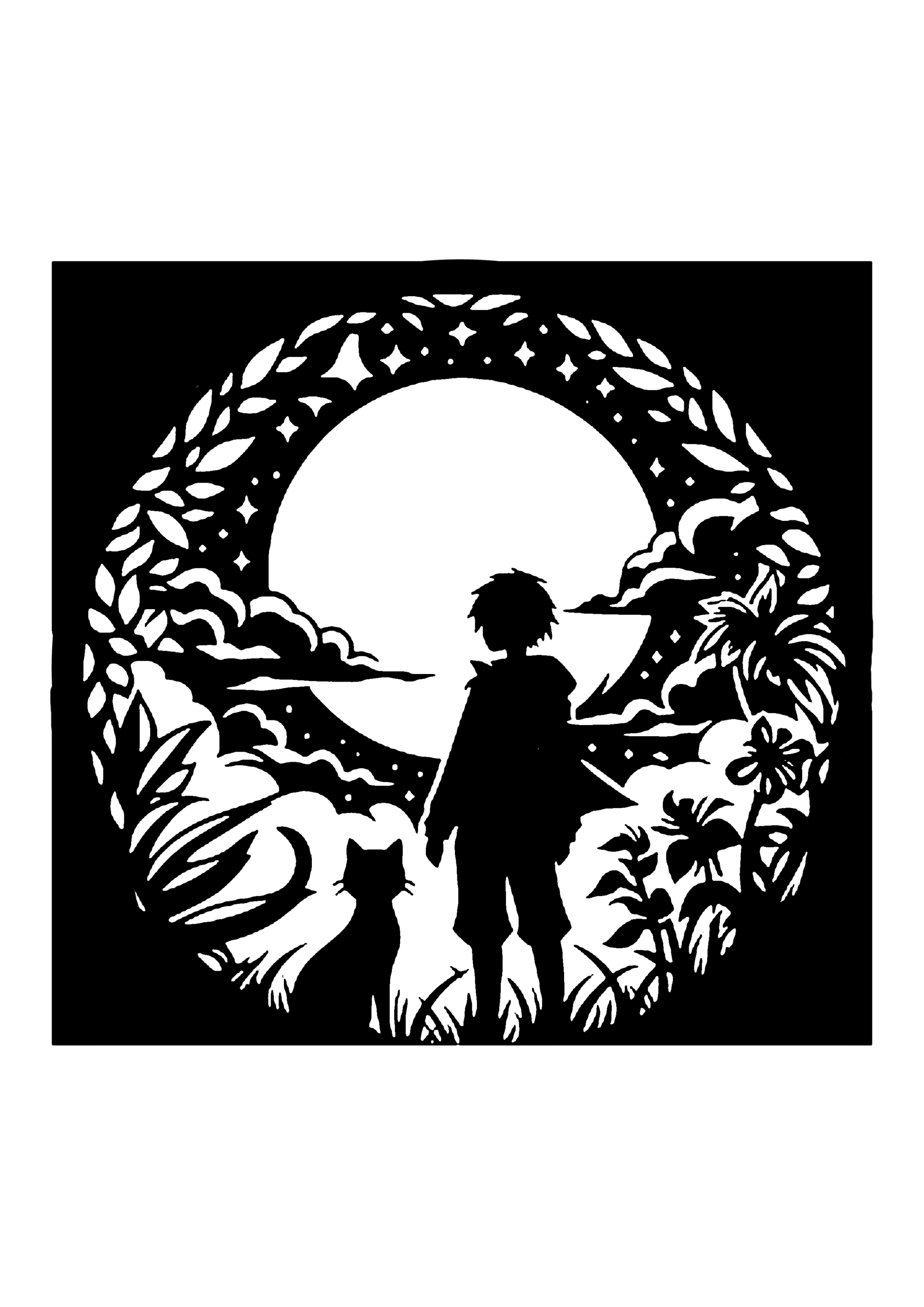 月を背景に、草花に囲まれた男の子と猫を描いた切り絵図案0147