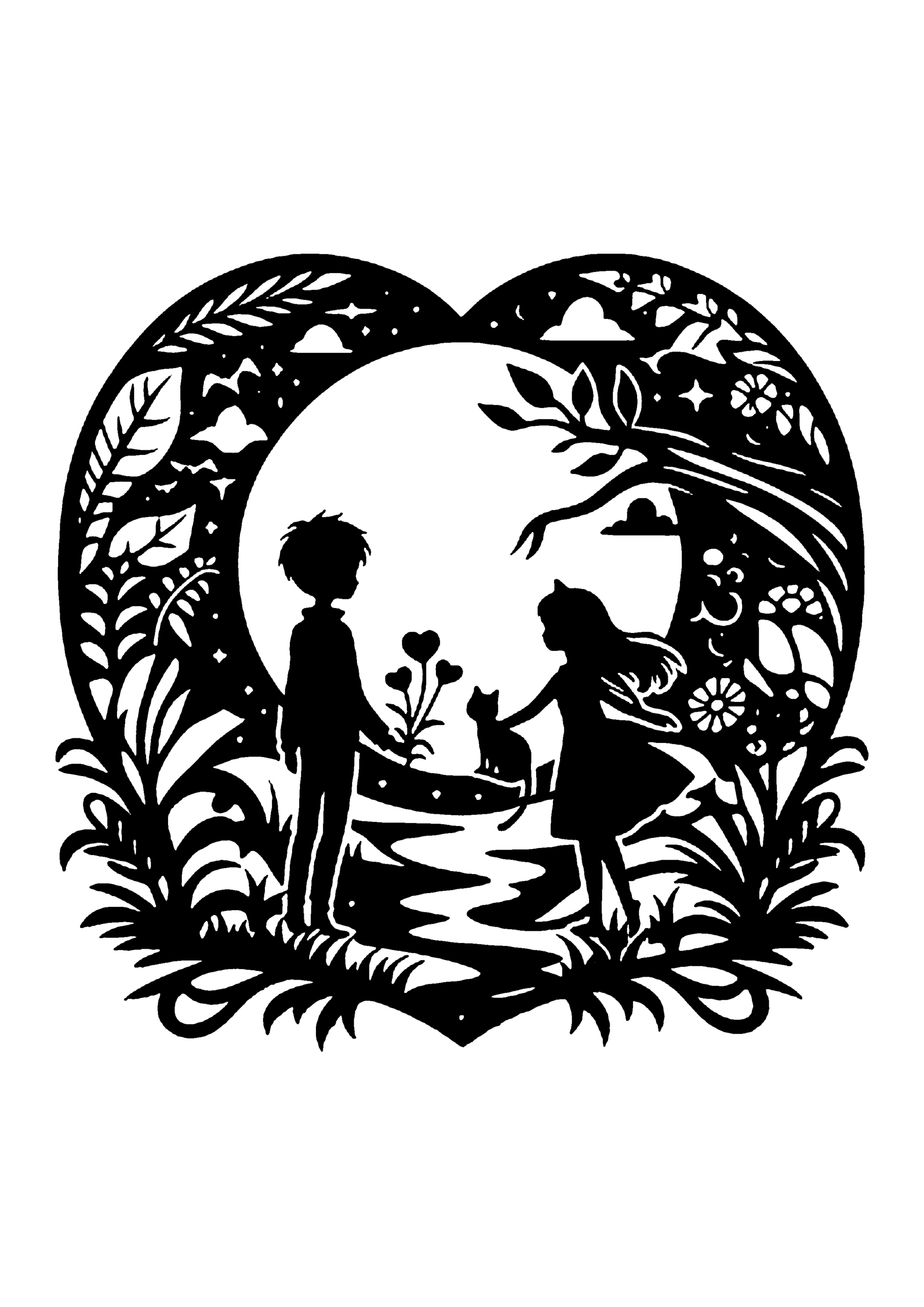 月を背景に、草花に囲まれた男女と猫を描いた切り絵図案0149