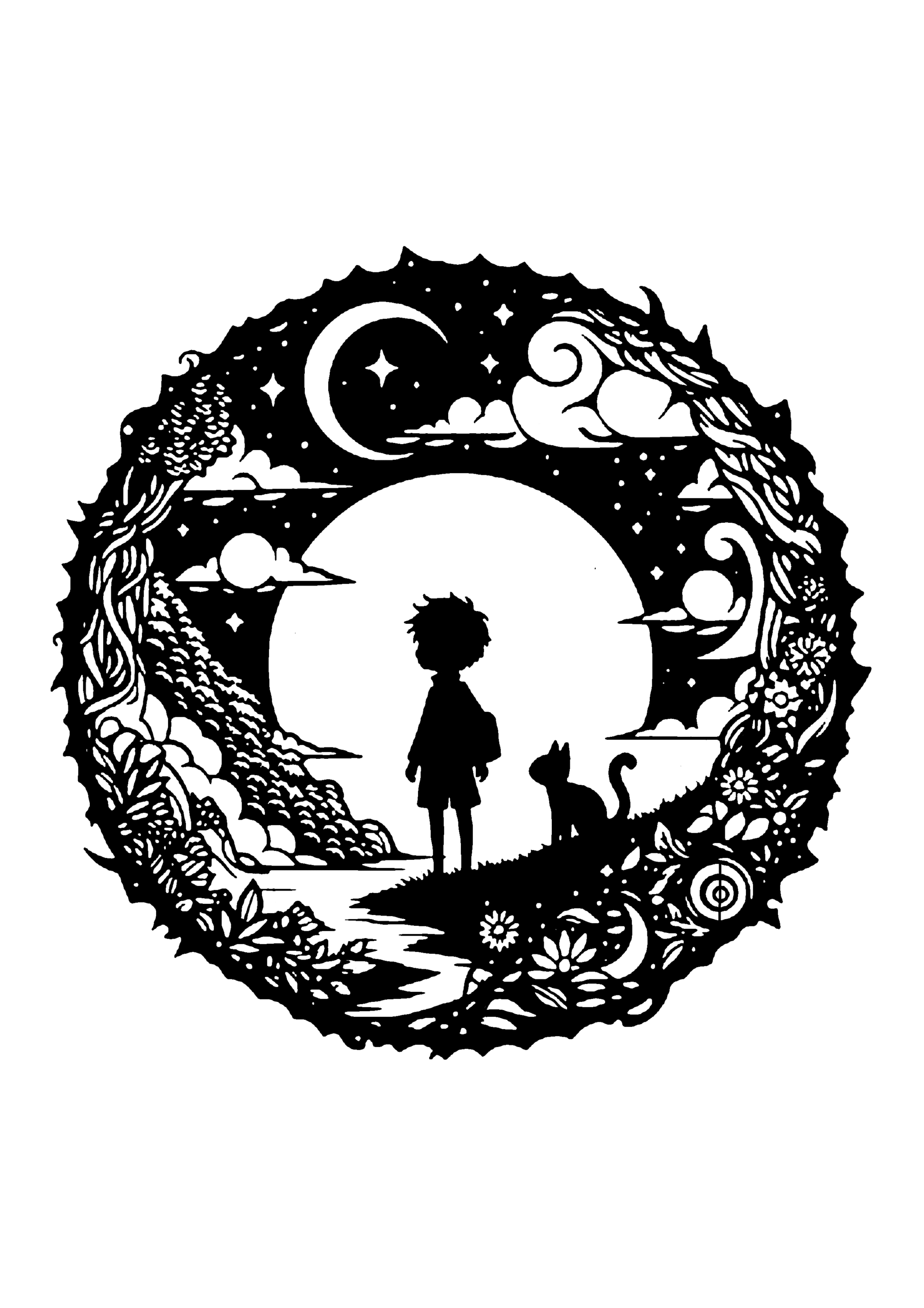 月を背景に、草花のある川辺に立つ男の子と猫を描いた切り絵図案0152