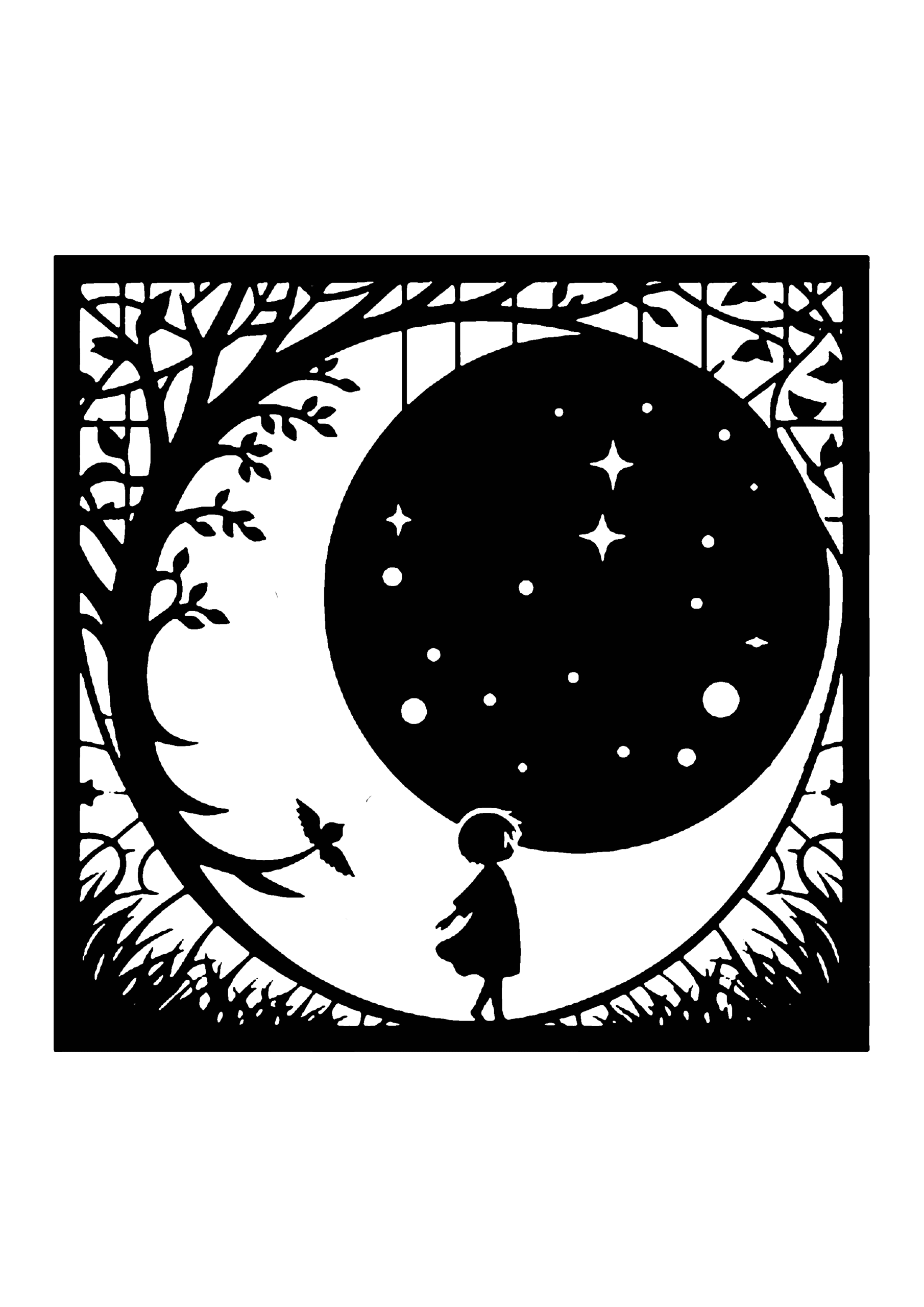 月を背景に、草花に囲まれた女の子を描いた切り絵図案0153