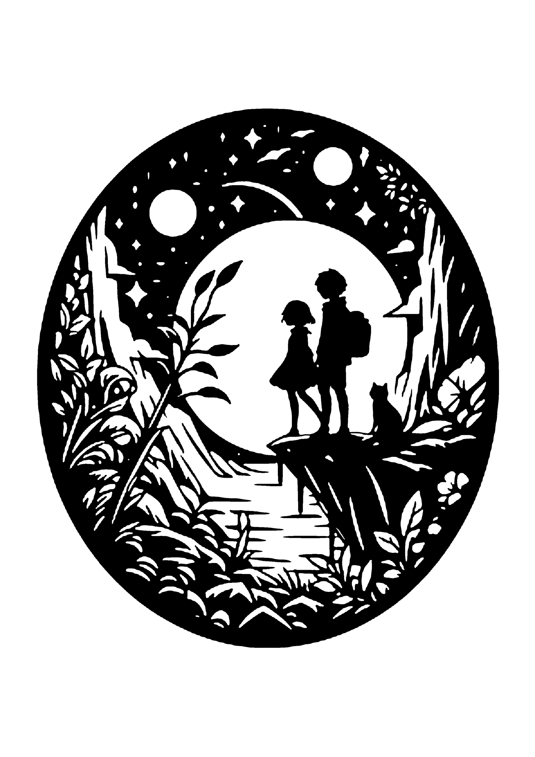 月を背景に、草花のある崖の上に立つ男女と猫を描いた切り絵図案0154