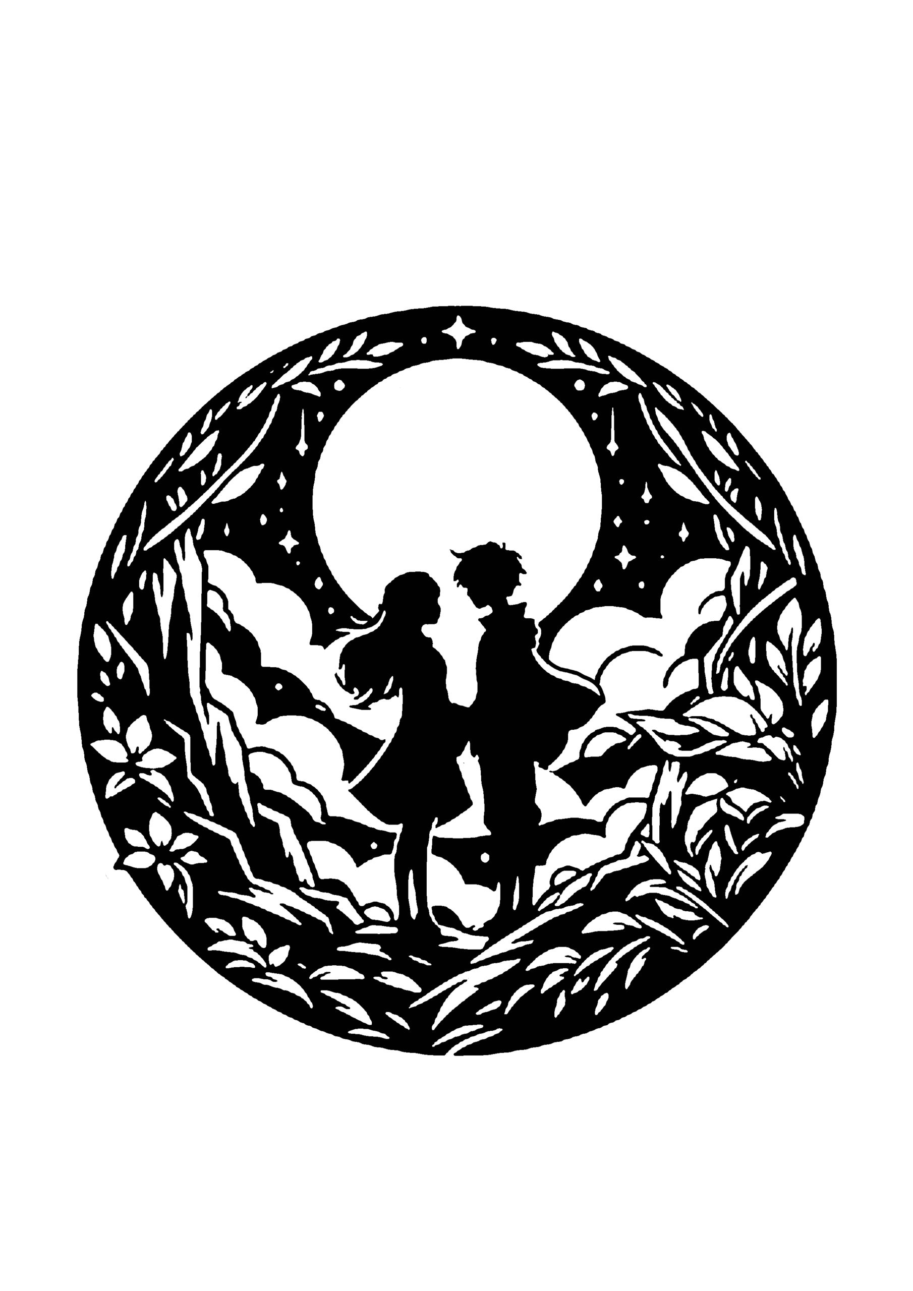 月を背景に、草花のある岩肌の上に立つ男女を描いた切り絵図案0155