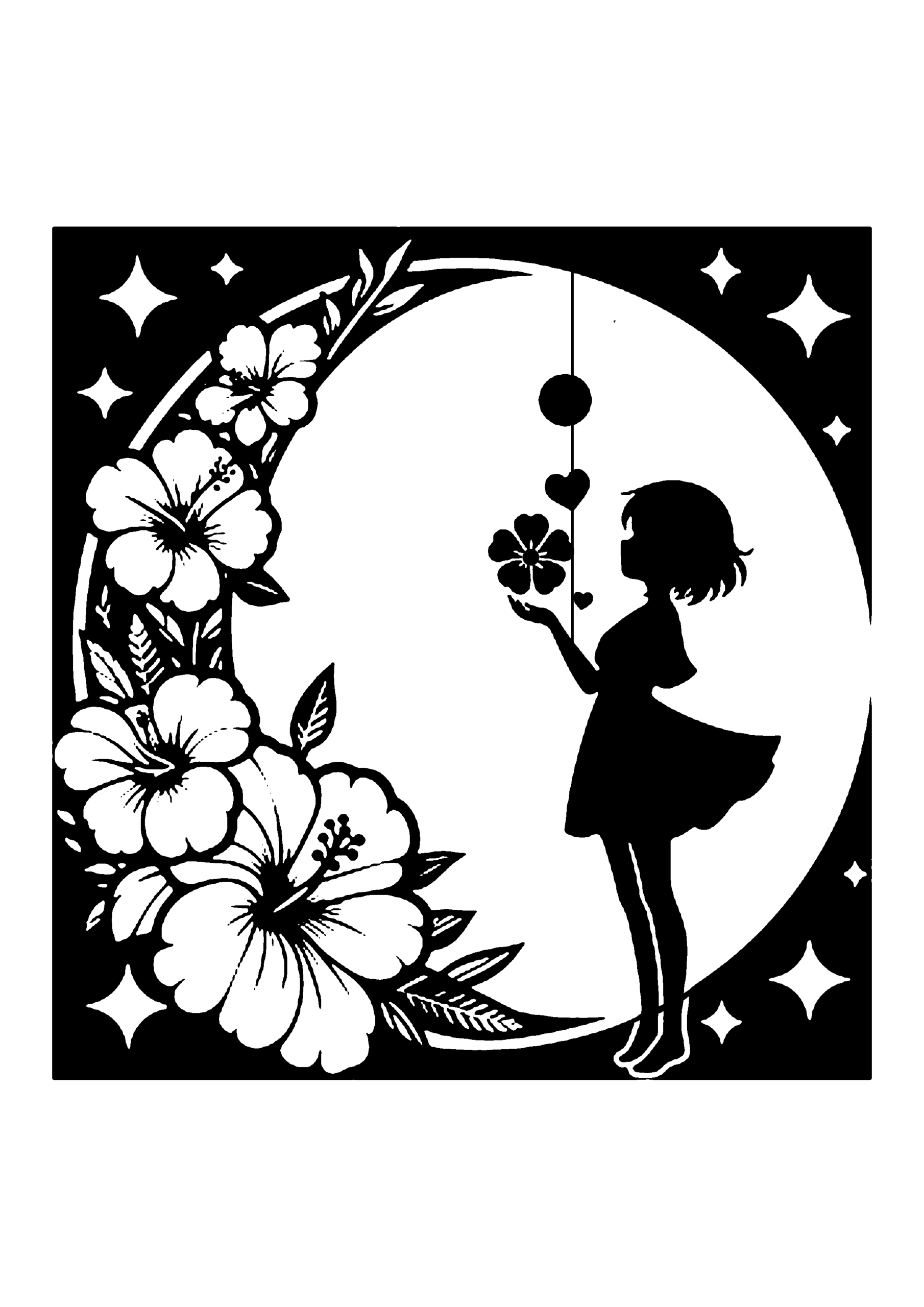月と花と少女を描いた切り絵図案0156
