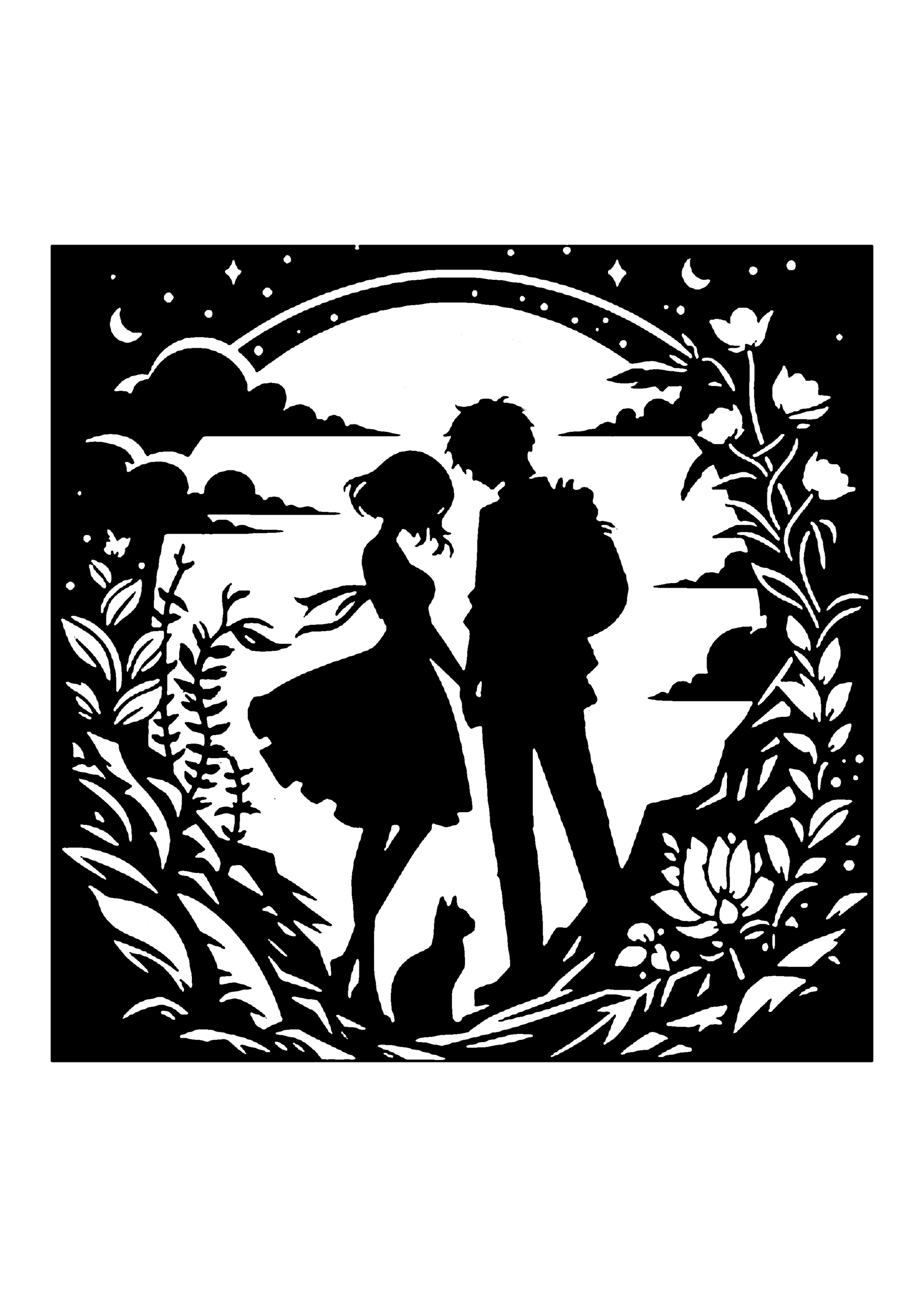 月を背景に、草花のある崖の上に立つ男女と猫を描いた切り絵図案0158