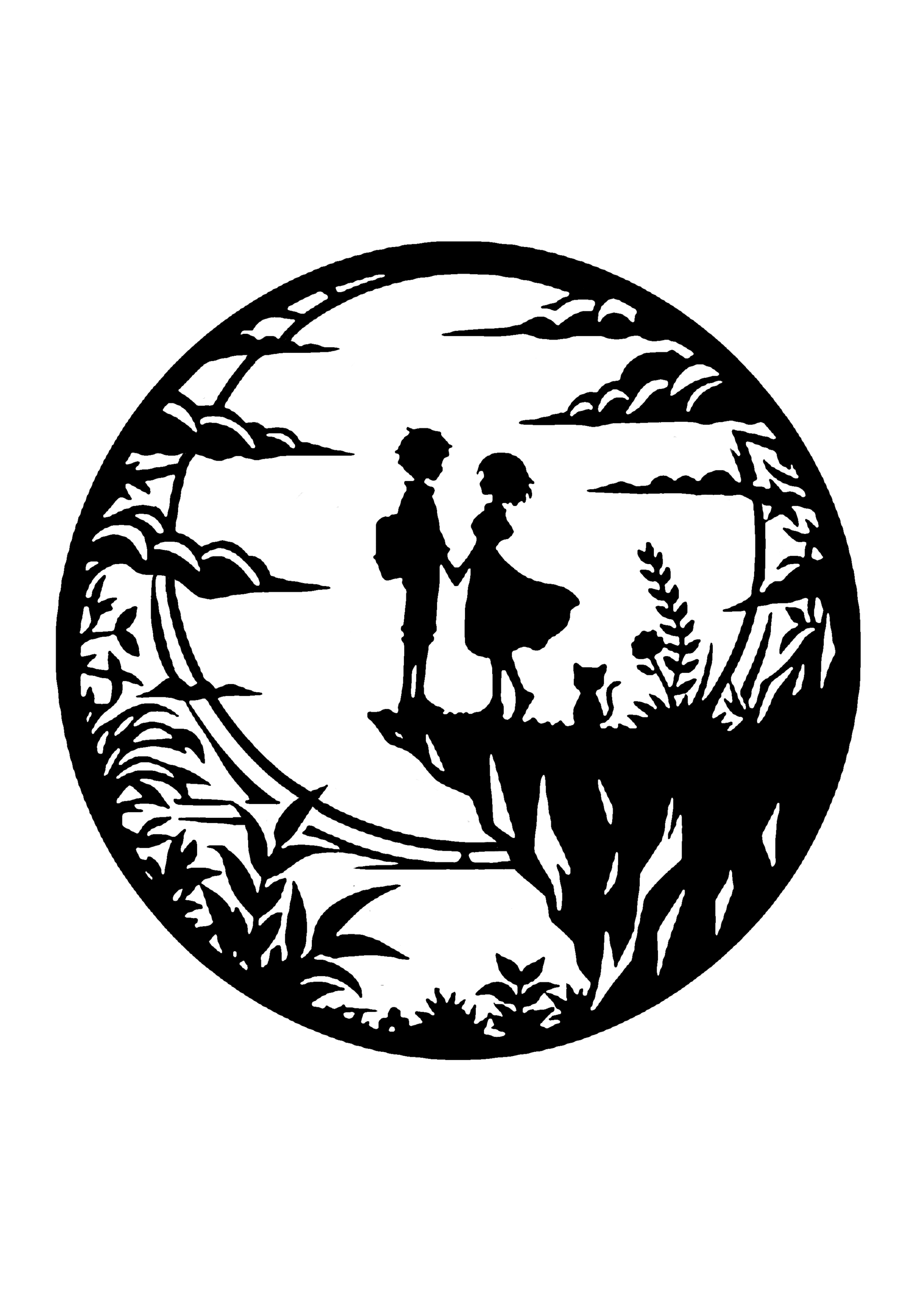 月を背景に、草花のある崖の上で手を取り合う男女と猫を描いた切り絵図案0159