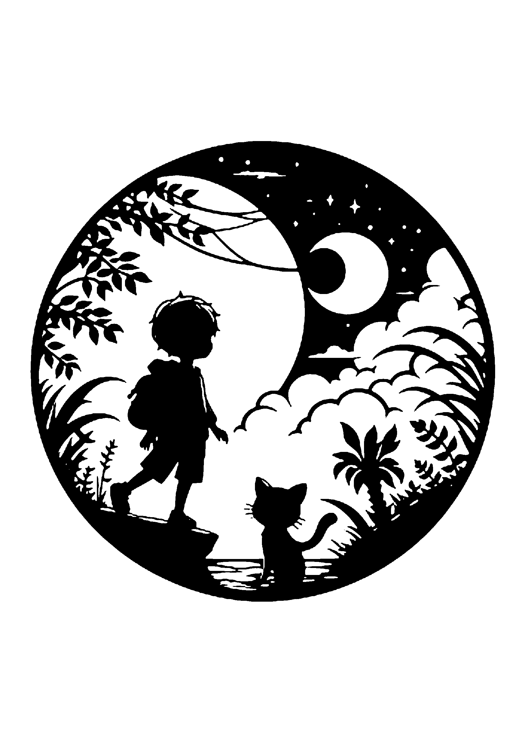 月と植物と少年と猫を描いた切り絵図案0160