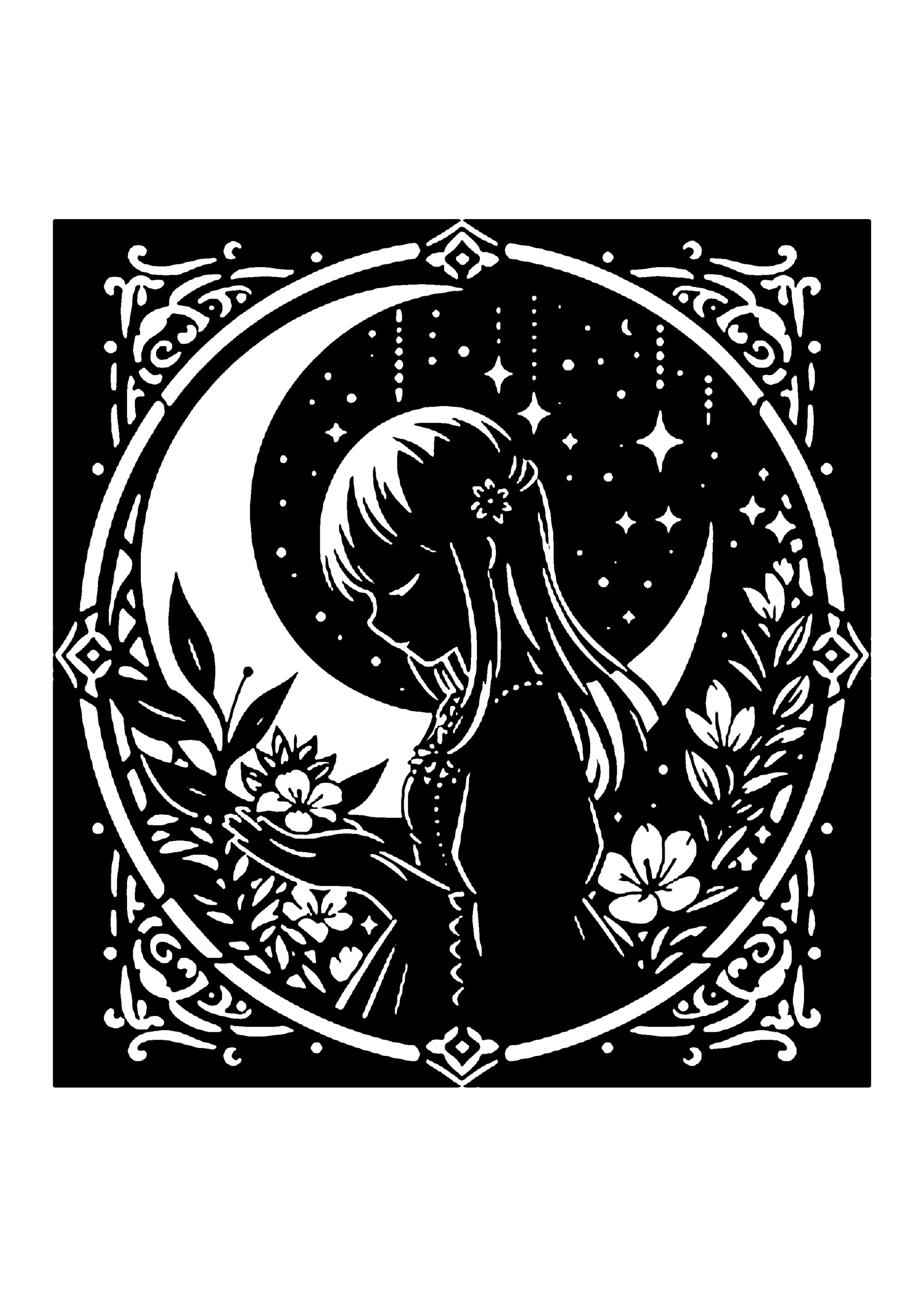 月と花と少女を描いた絵画風の切り絵図案0161