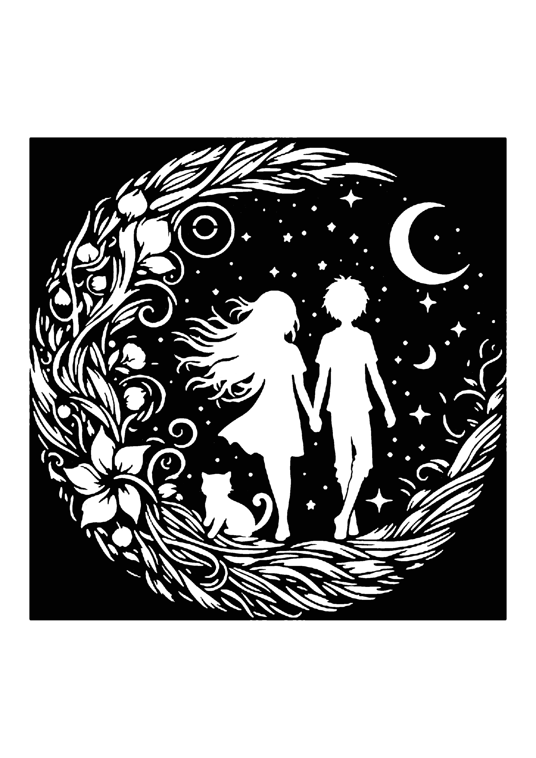 月夜に手を取り合って歩く男女と猫を描いた切り絵図案0164