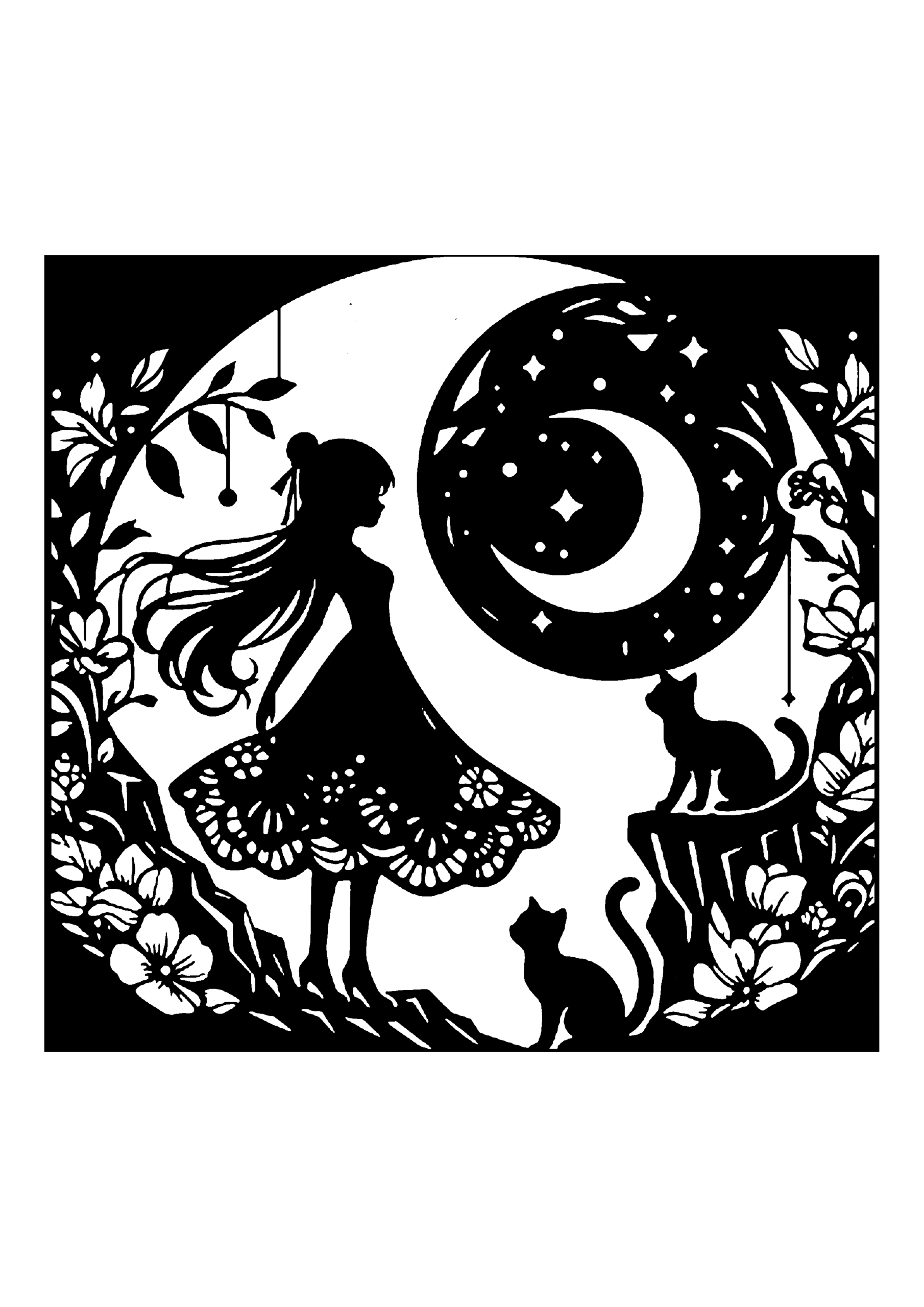 月を背景に、草花のある崖の上に立つ少女と猫を描いた切り絵図案0165