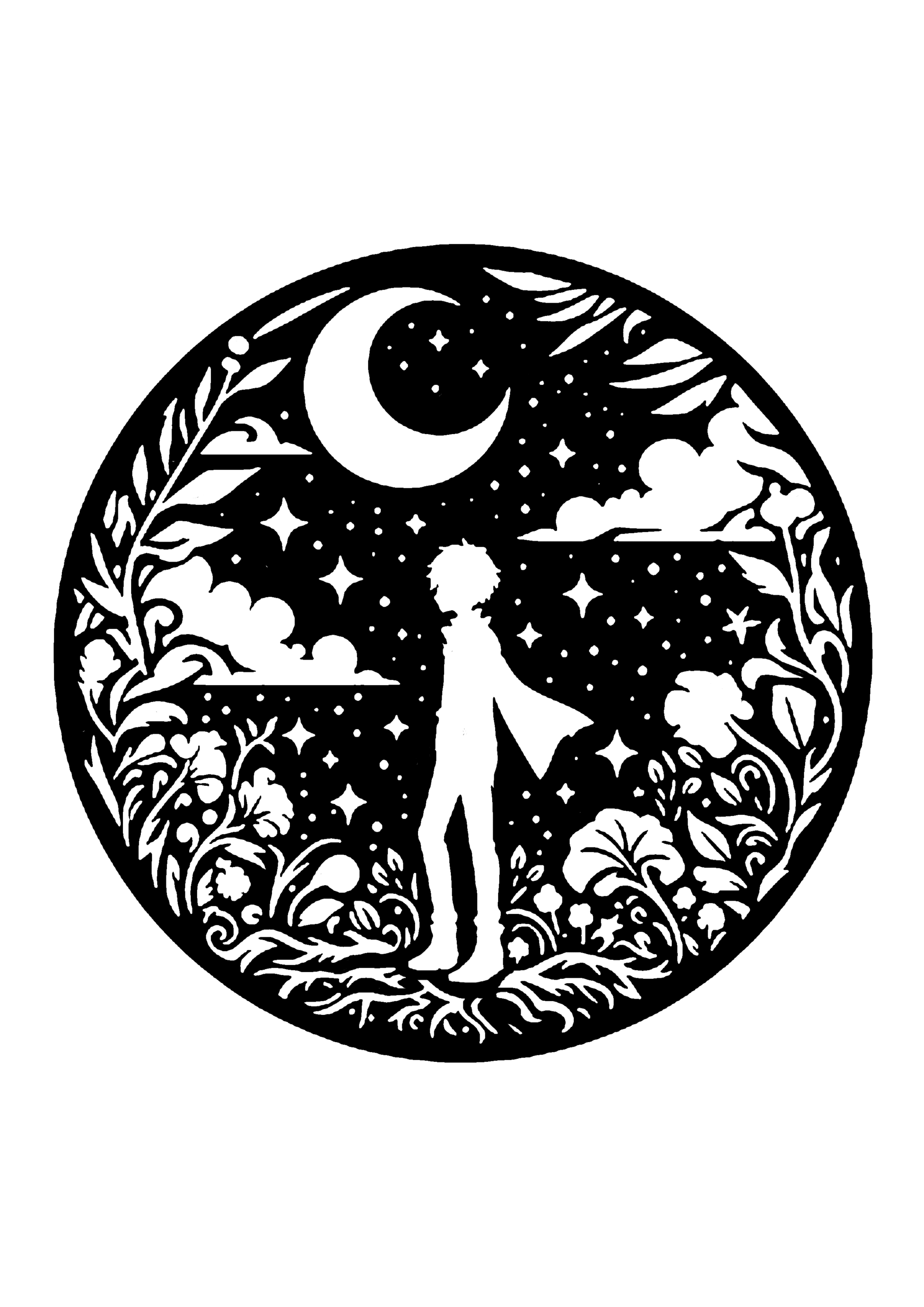 月を背景に、草花に囲まれた男性を描いた切り絵図案0167