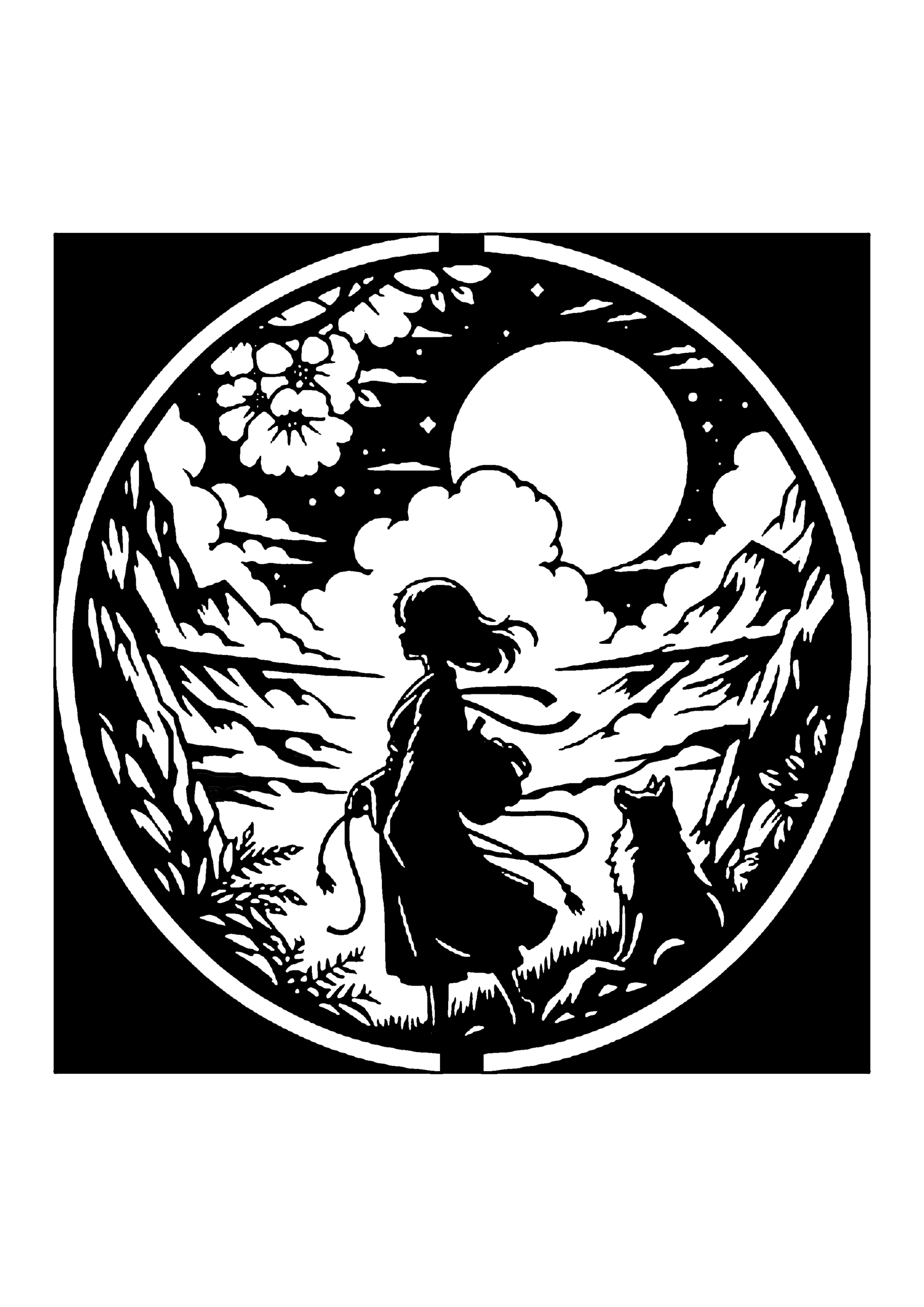 月を背景に、犬とともに旅をする少女を描いた切り絵図案0168