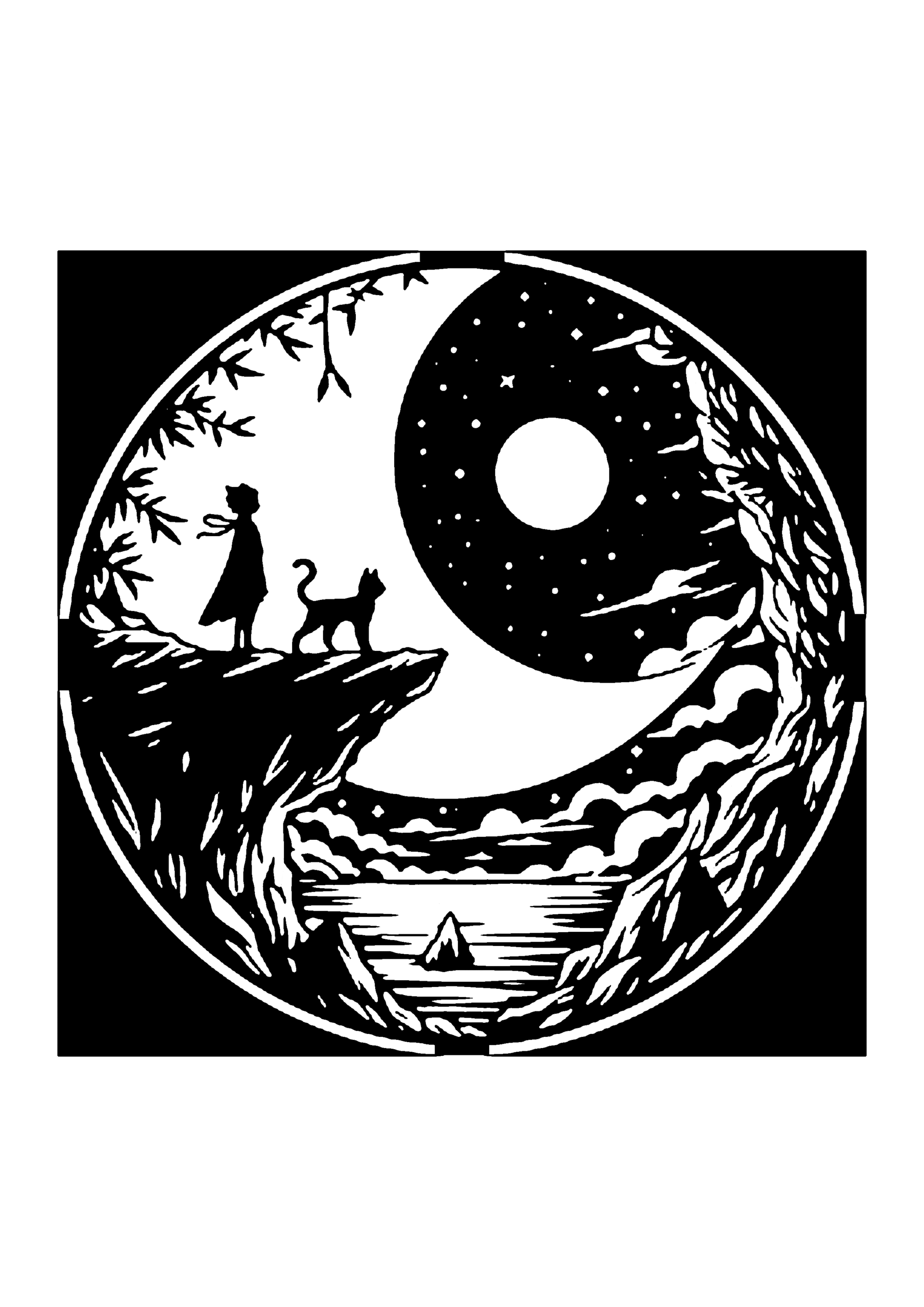 月を背景に、崖の上に立つ少年と犬を描いた切り絵図案0170