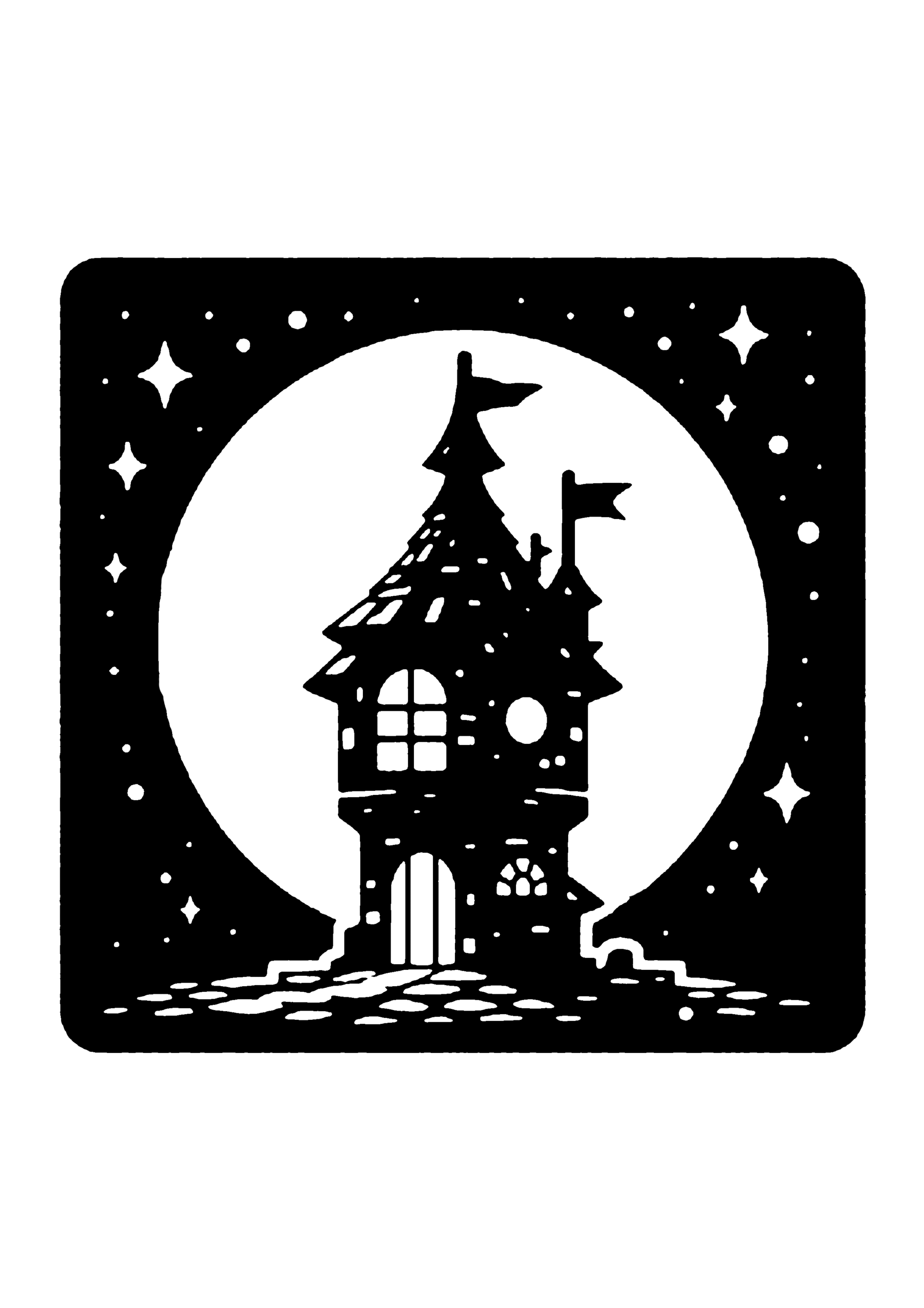 満月と塔のシルエット風景の切り絵図案（無料・初心者・中級者向け）0189
