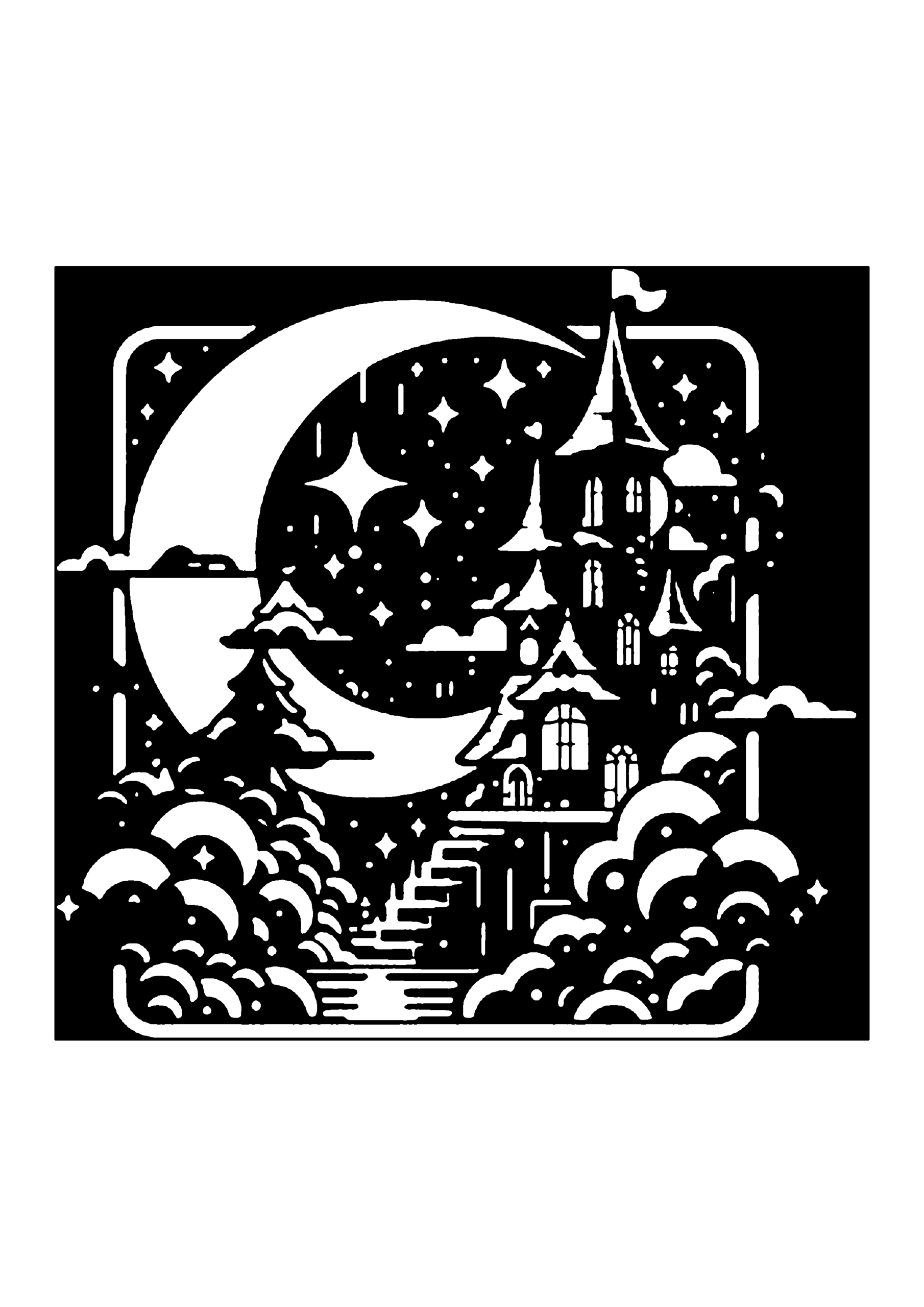 雲と三日月に浮かぶ幻想の城の切り絵図案（無料・初心者・中級者向け）0190