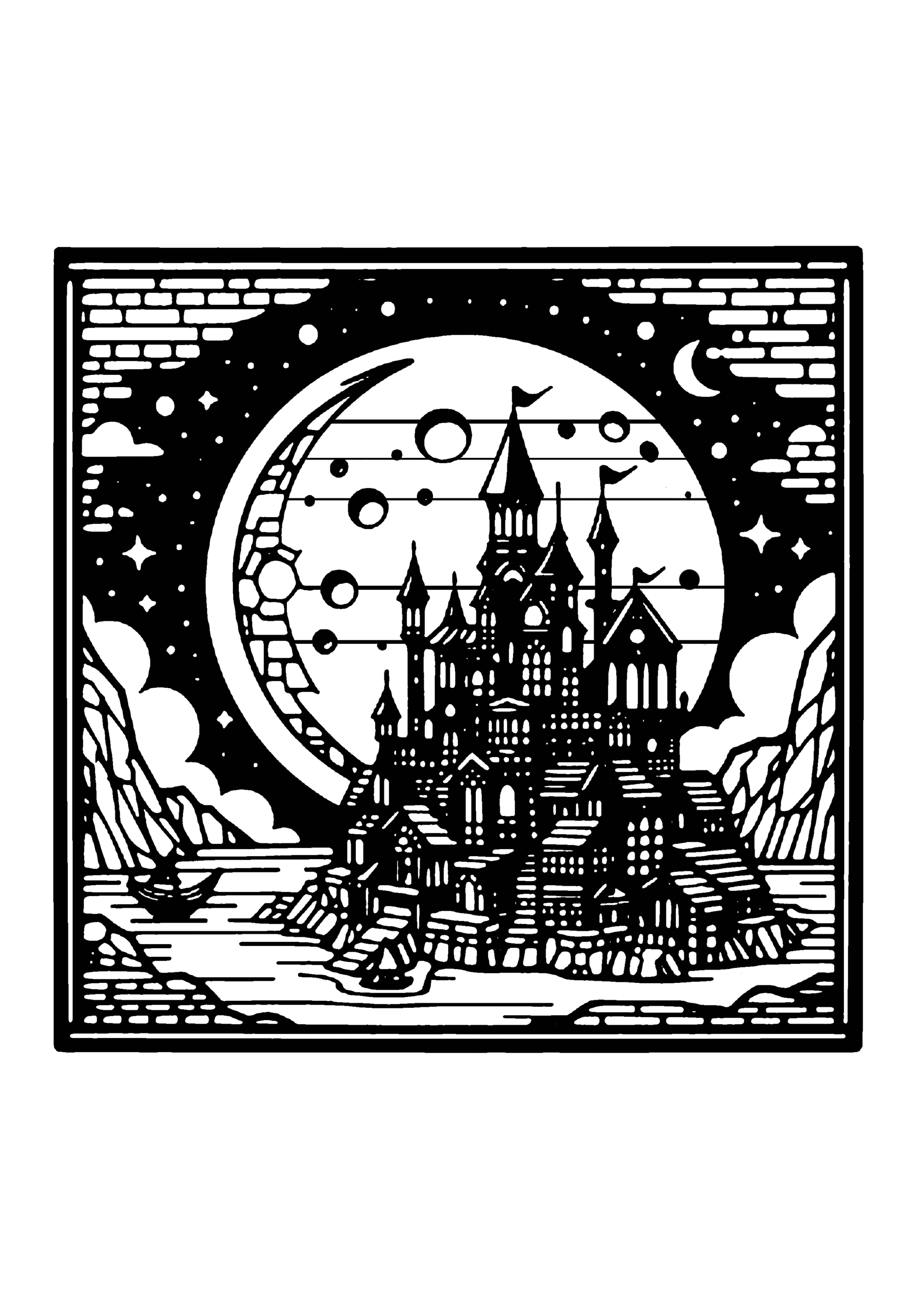 正方形フレームに囲まれたファンタジー城の切り絵図案（無料・初心者・中級者向け）0191