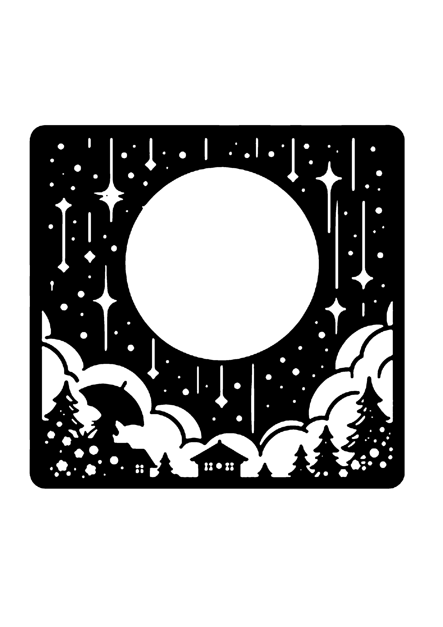 雲に囲まれた満月の夜空風景の切り絵図案（無料・初心者・中級者向け）0183