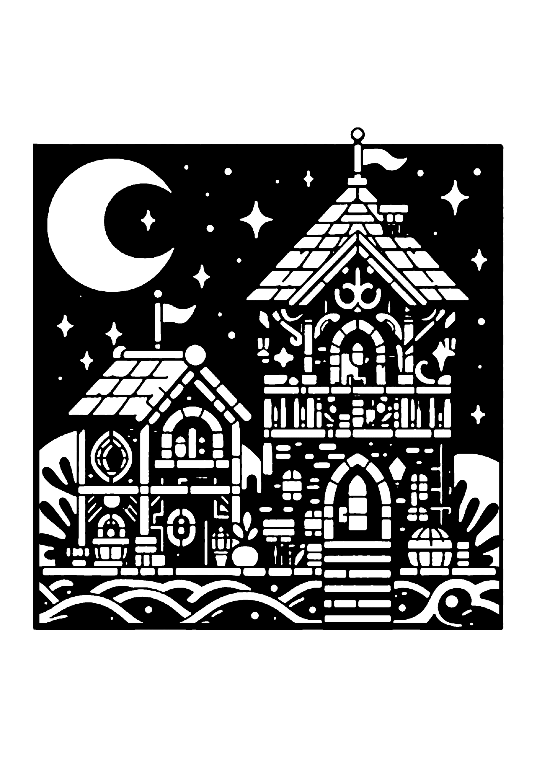 月夜に建つメルヘンの家の切り絵図案（無料・初心者・中級者向け）0184