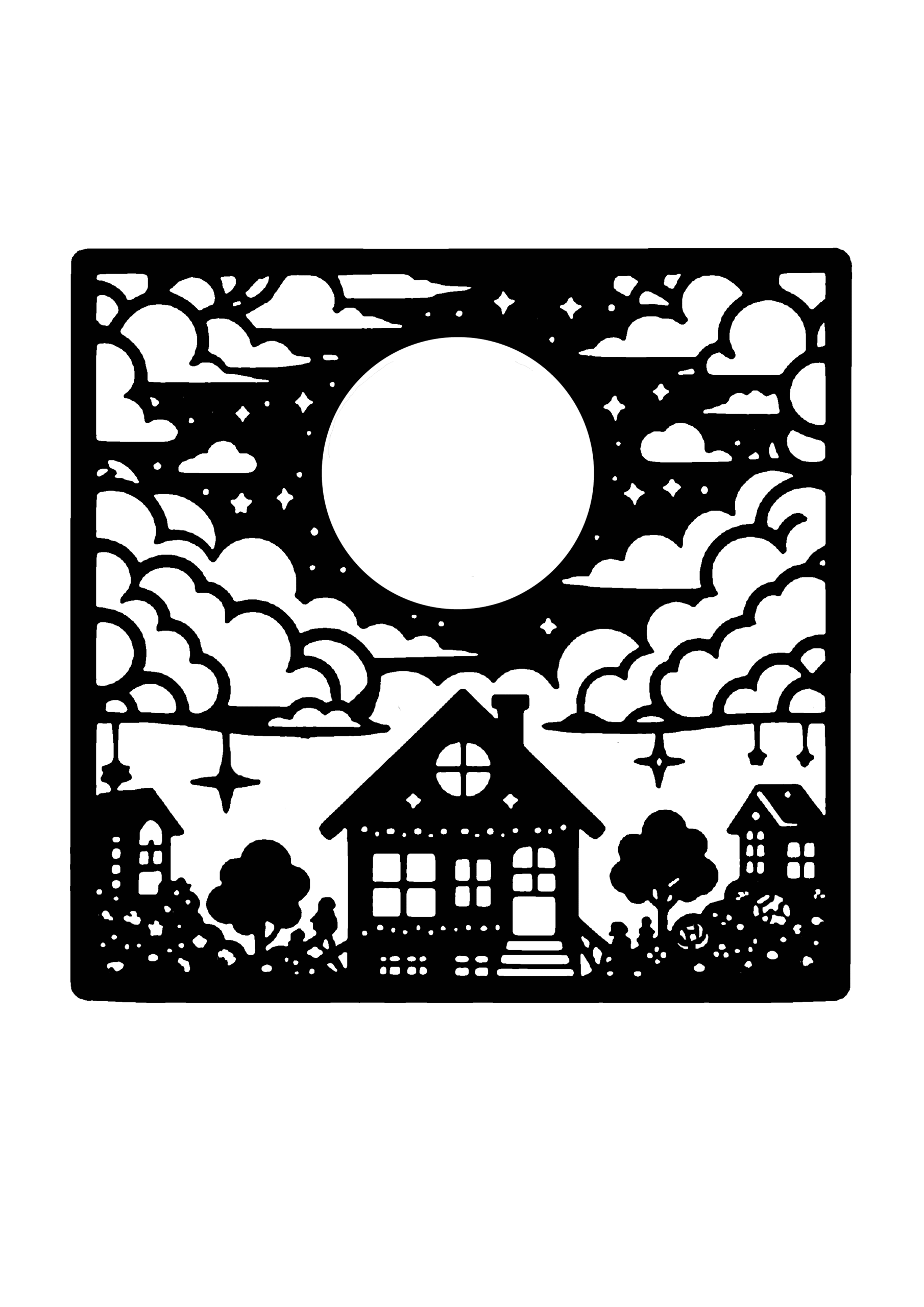 満月と家の夜景シルエットの切り絵図案（無料・初心者・中級者向け）0185
