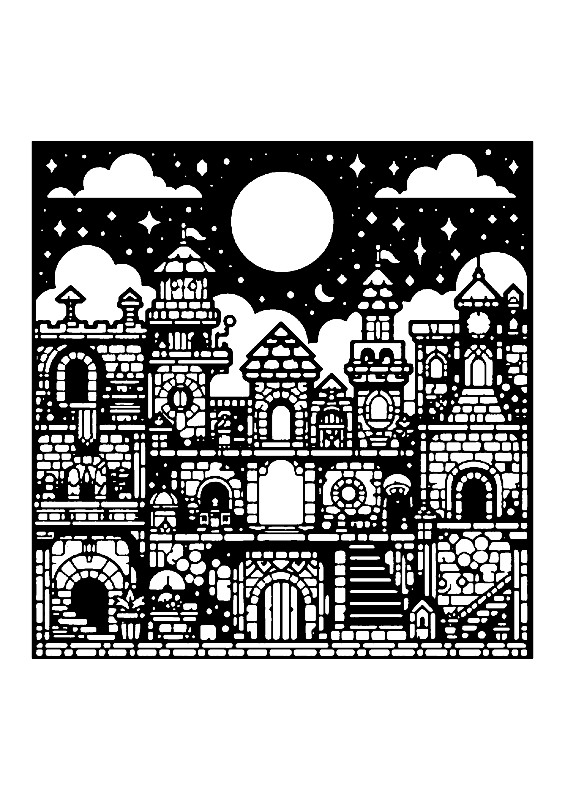 満月の下に広がる幻想の宮殿都市の切り絵図案（無料・初心者・中級者向け）0186