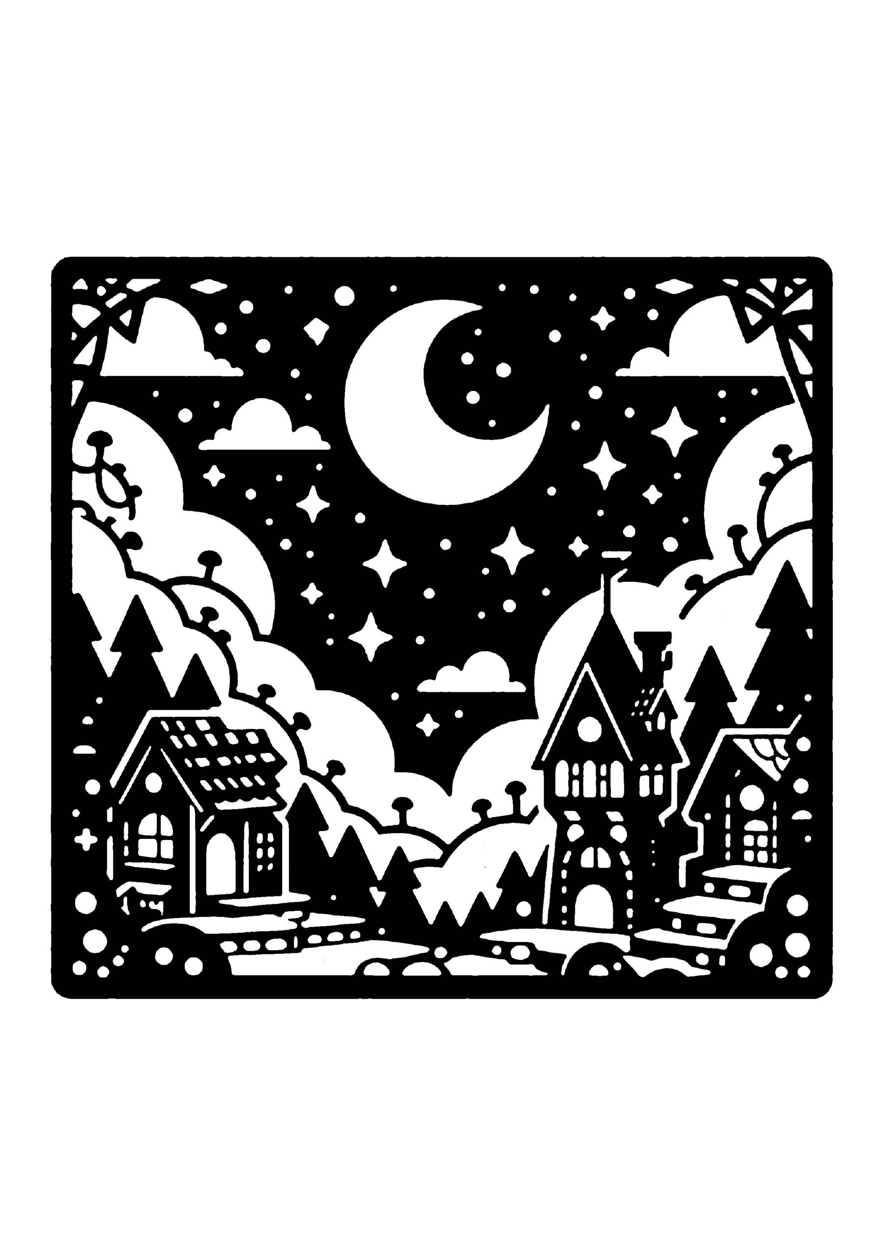 三日月と雲に囲まれた山の家の切り絵図案（無料・初心者・中級者向け）0188