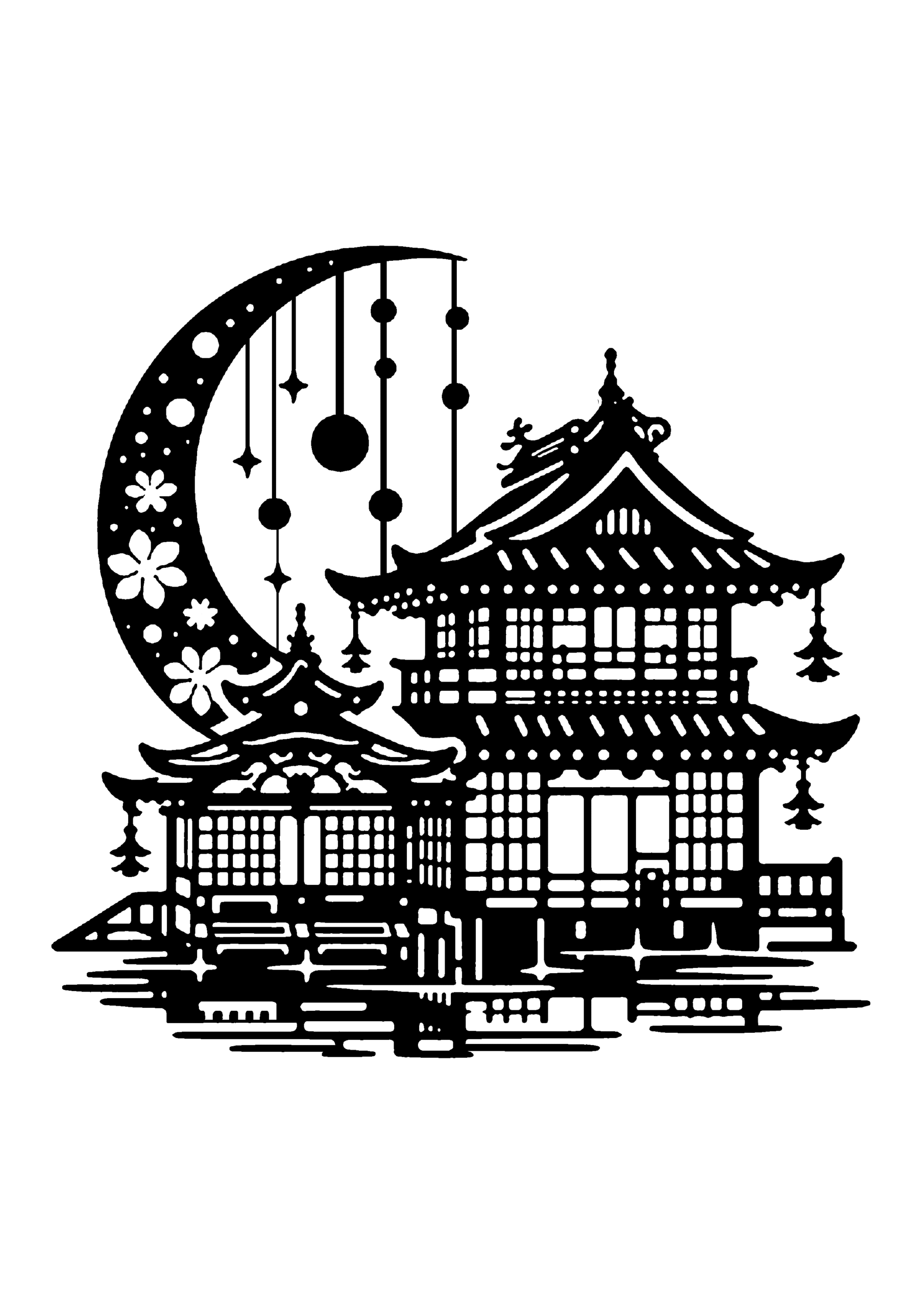 和風の寺院建築と月の風景の切り絵図案（無料・初心者・中級者向け）0192