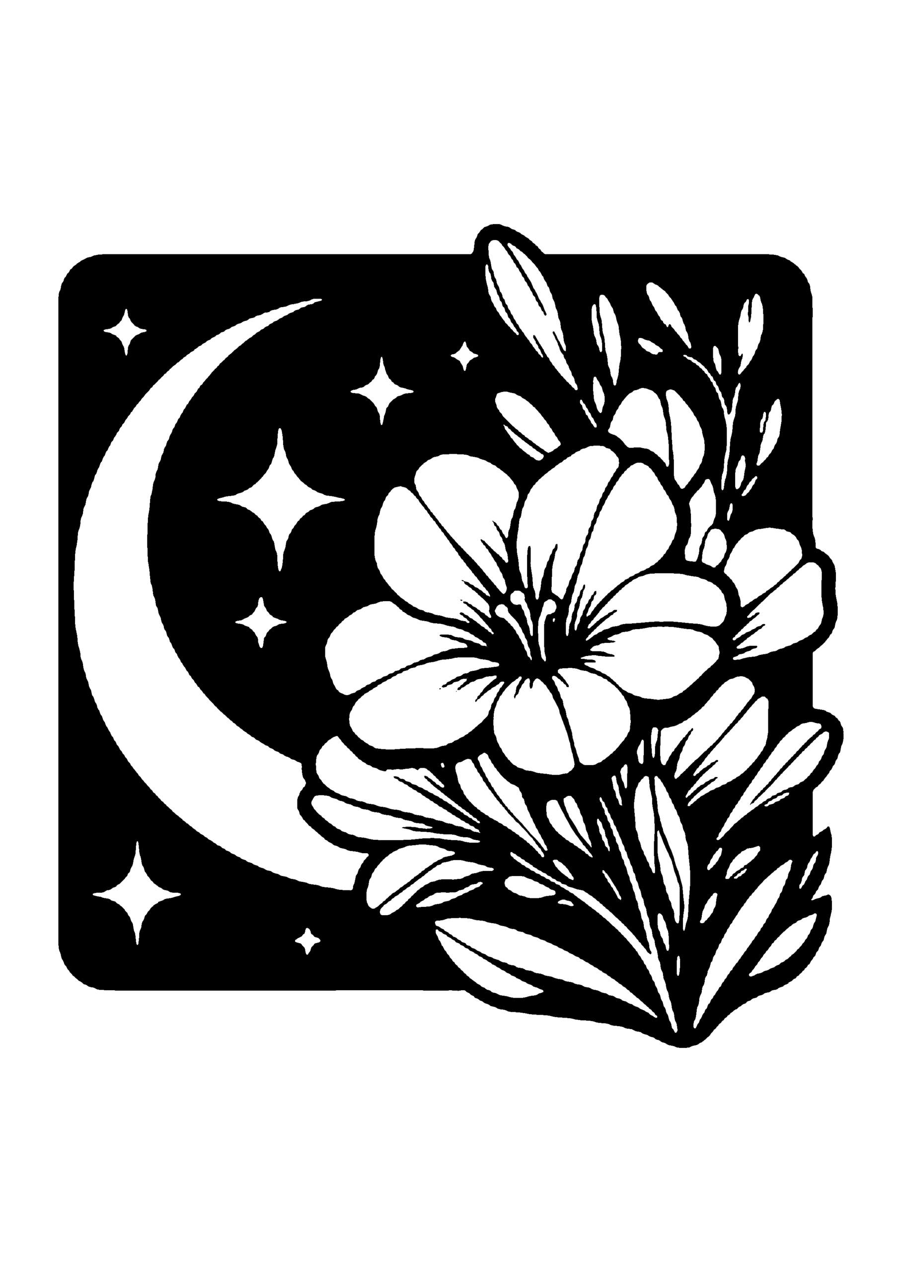 三日月と大きな花の夜空デザイン切り絵図案（無料・初心者・中級者向け）0194