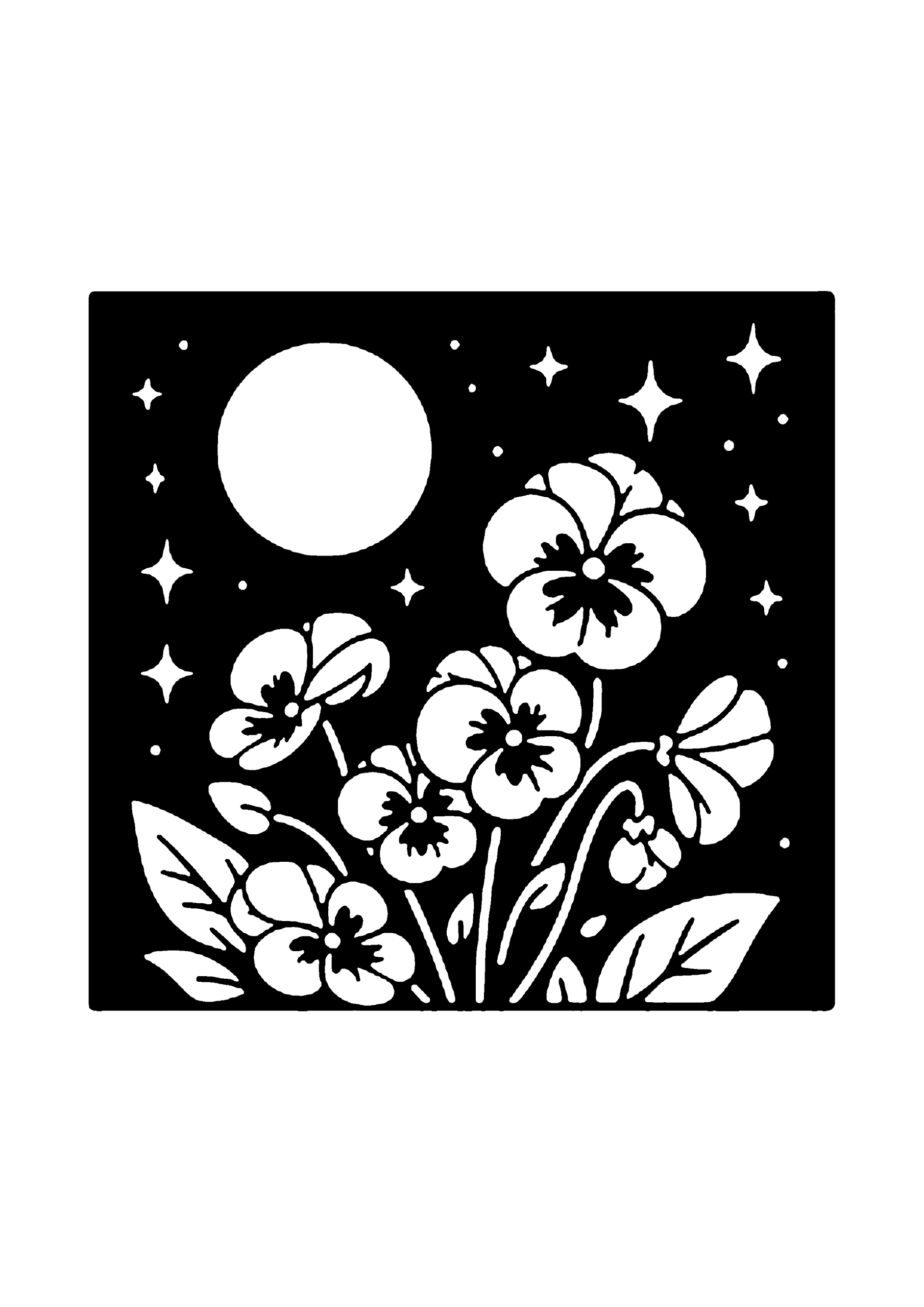 満月と花のシンプルな夜空デザインの切り絵図案（無料・初心者・中級者向け）0195