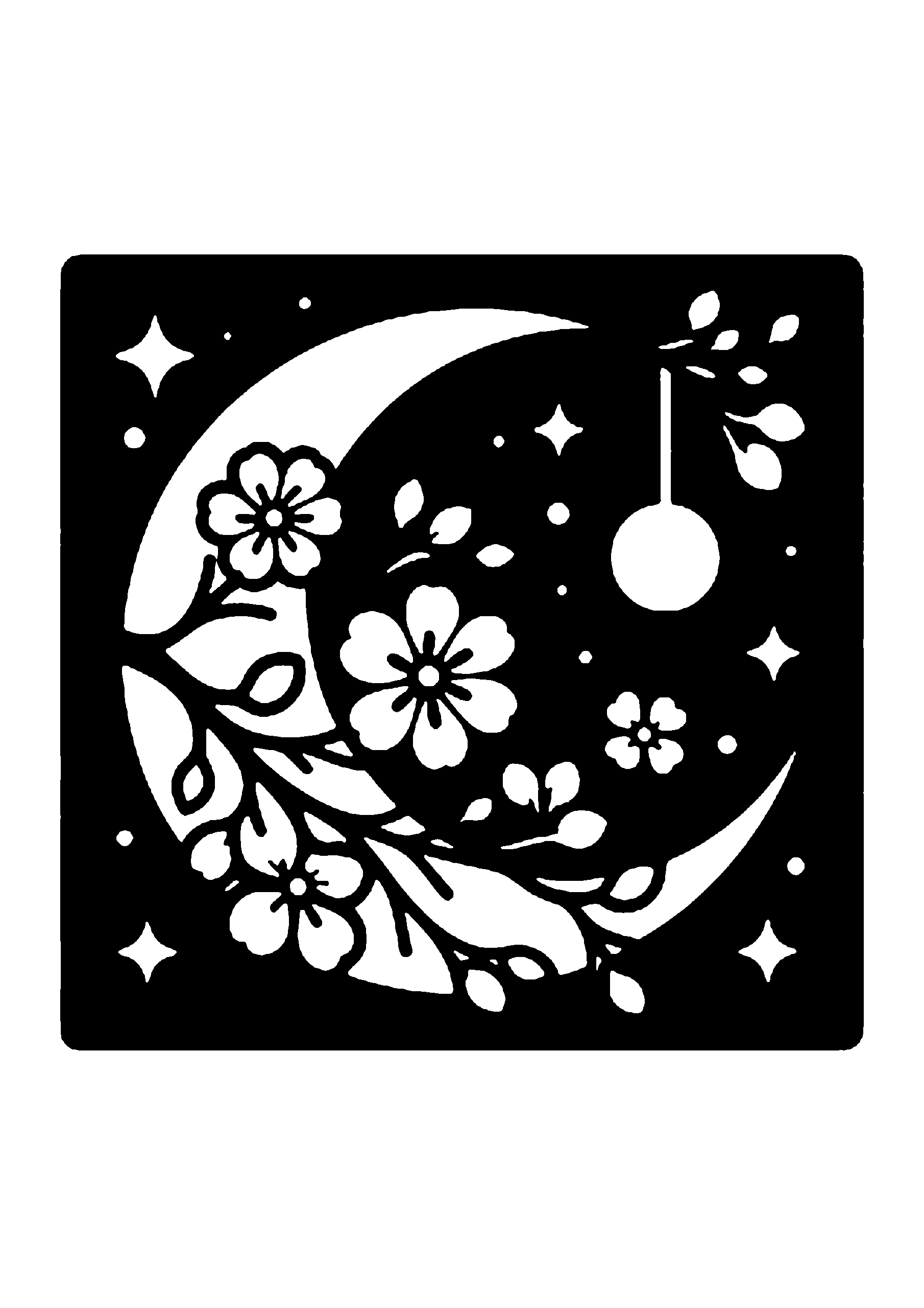 三日月と花の装飾デザイン切り絵図案（無料・初心者・中級者向け）0196