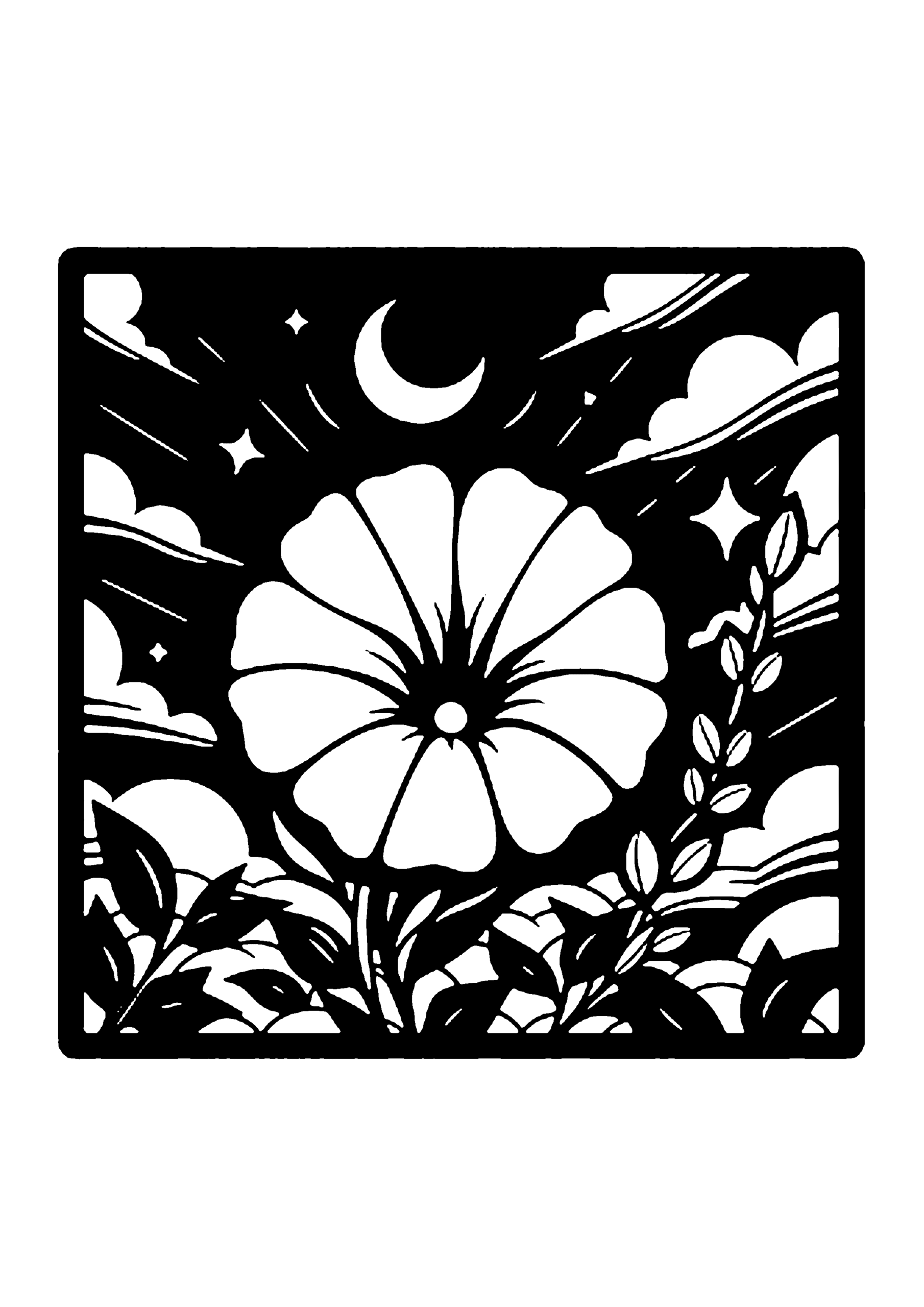 夜空に咲く大きな花のシルエット切り絵図案（無料・初心者・中級者向け）0197