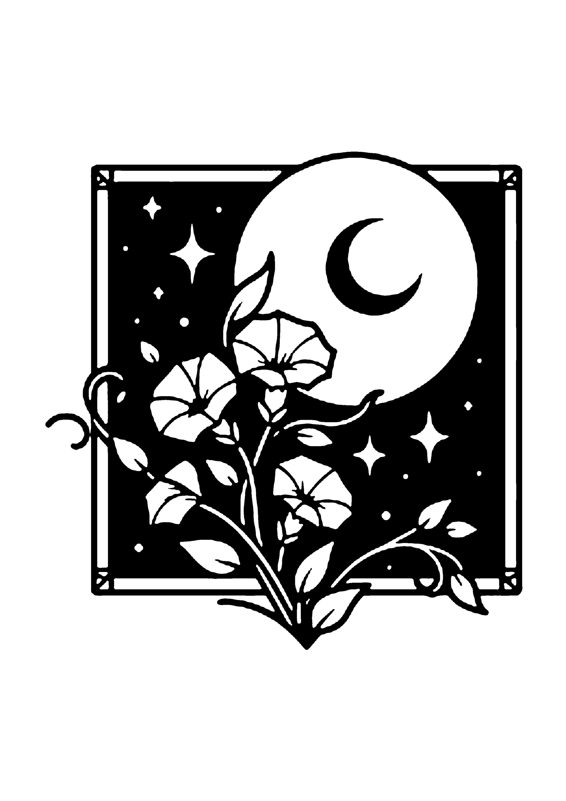 満月と花の装飾フレーム切り絵図案（無料・初心者・中級者向け）0198