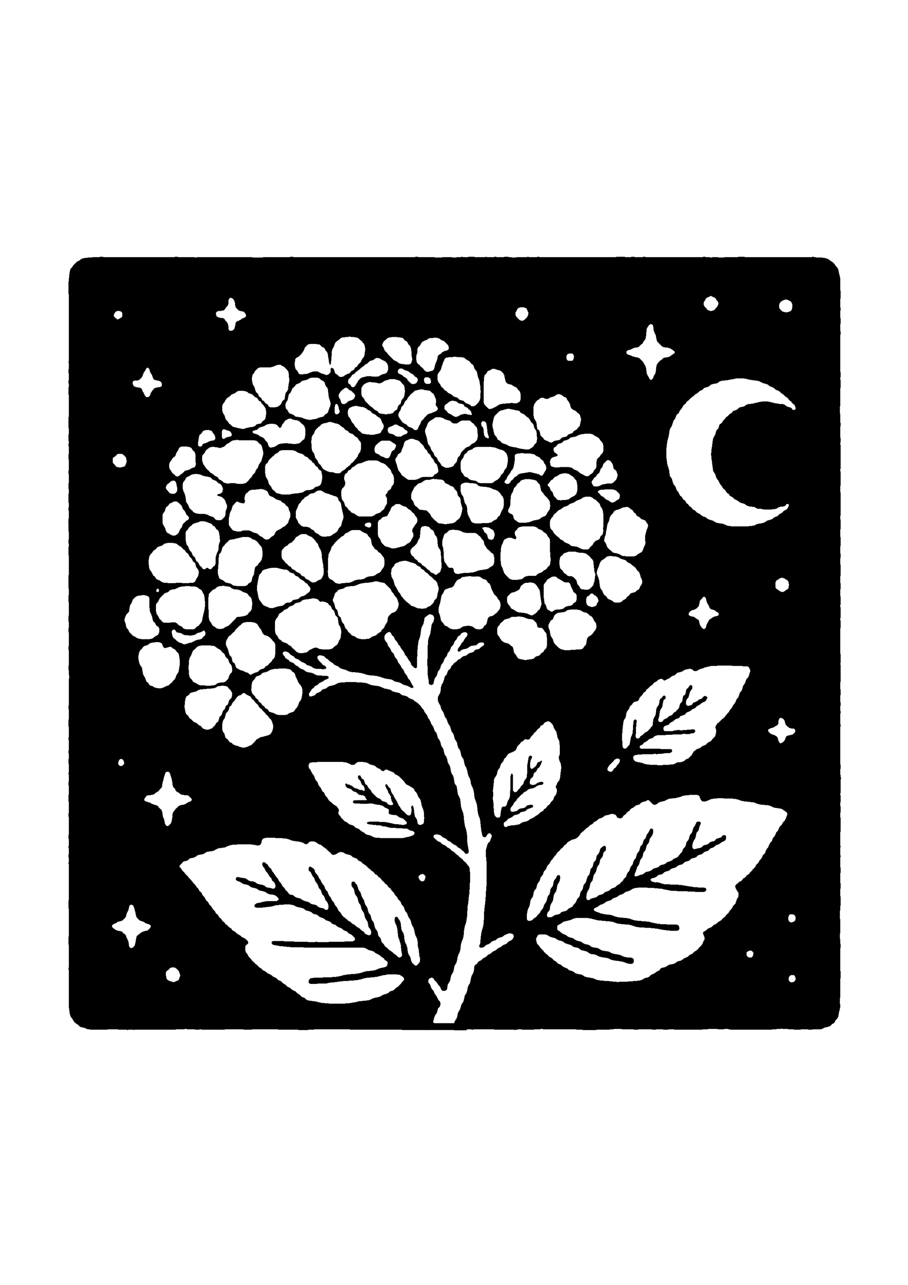紫陽花と三日月の夜空デザイン切り絵図案（無料・初心者・中級者向け）0200